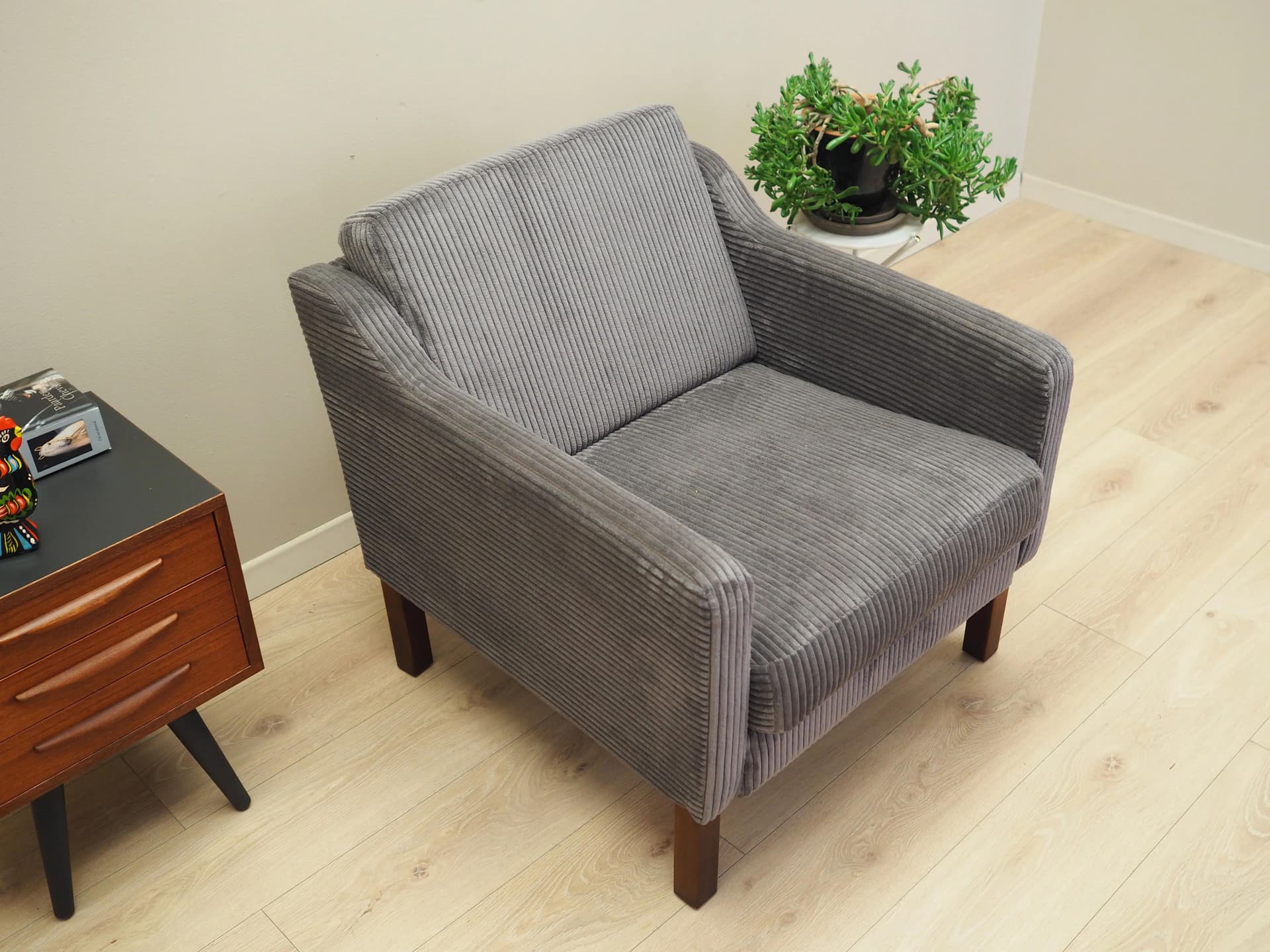 Armchair, grey velvet, brown beech, Denmark, 1970s - 16464