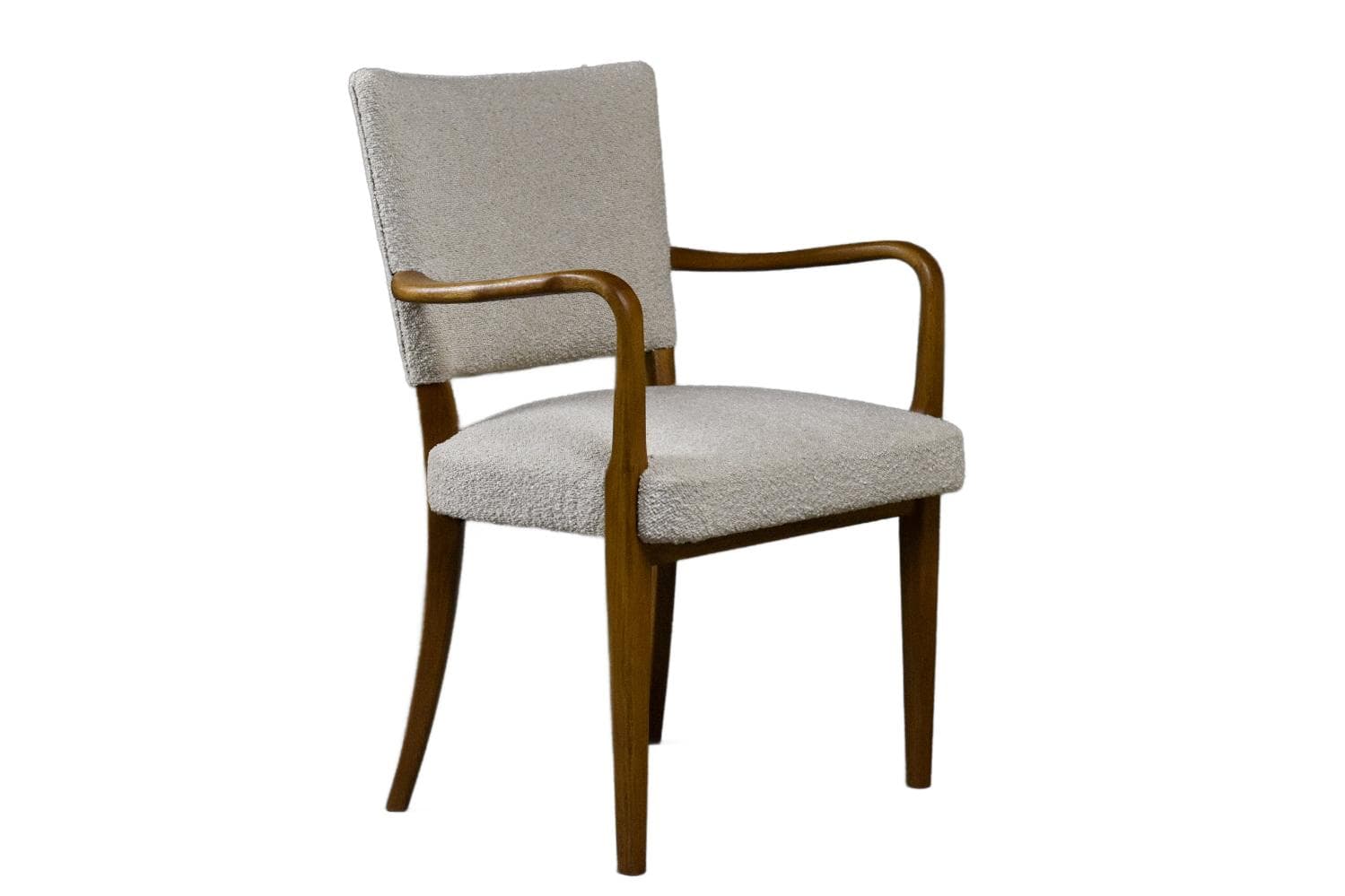 Fotel skandynawski, bouclé beżowy, dąb, lata 50.