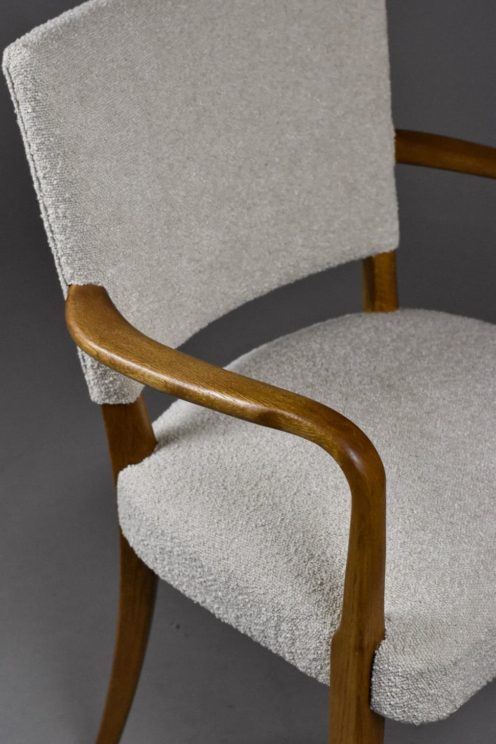 Fotel skandynawski, bouclé beżowy, dąb, lata 50. - 225164