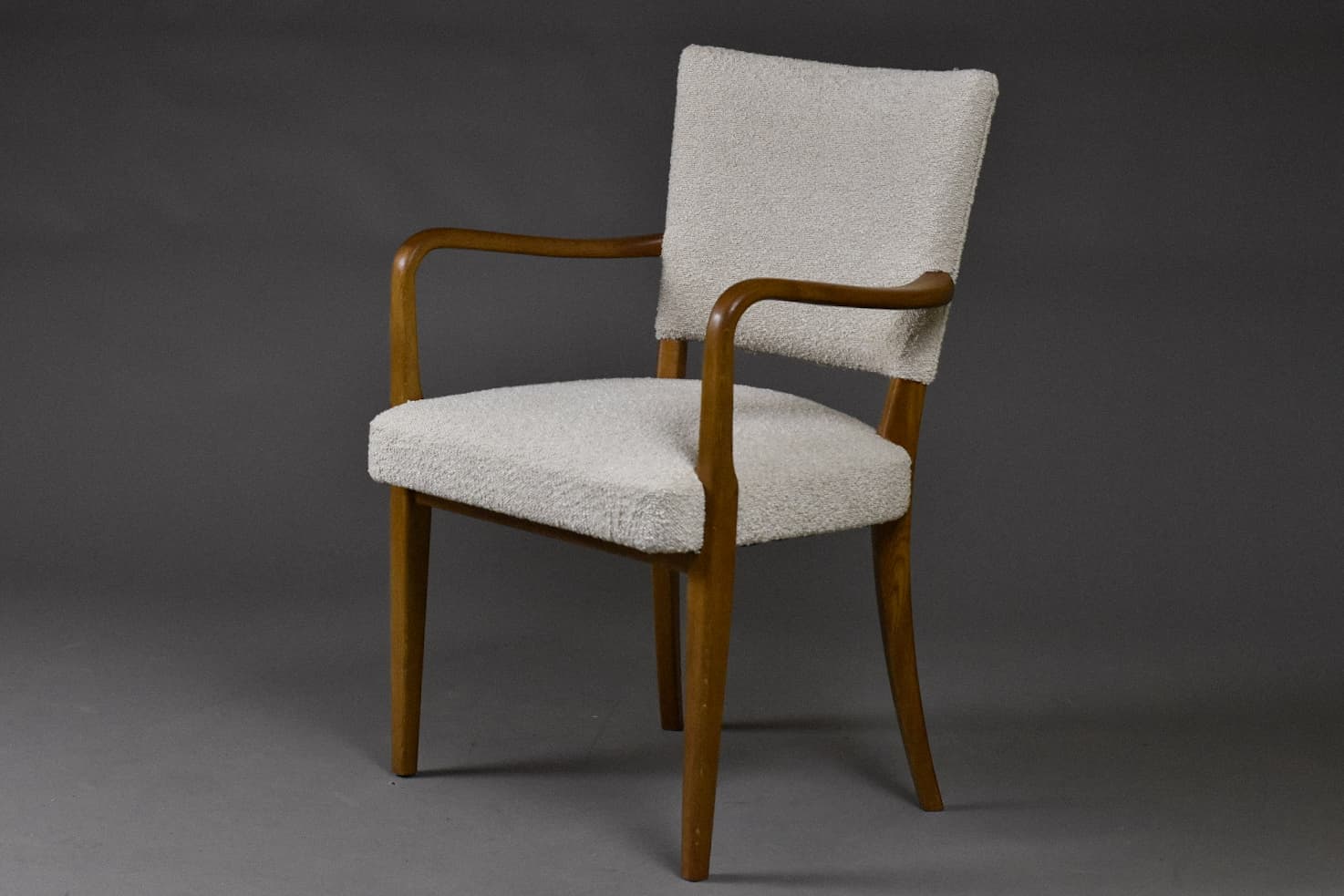 Fotel skandynawski, bouclé beżowy, dąb, lata 50. - 225158