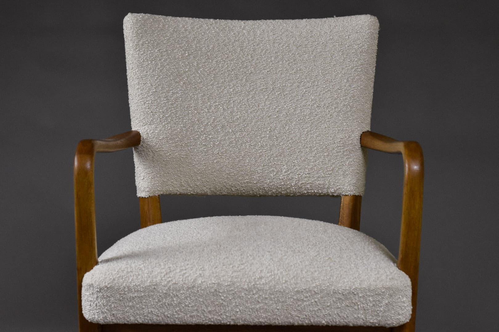 Fotel skandynawski, bouclé beżowy, dąb, lata 50. - 225167