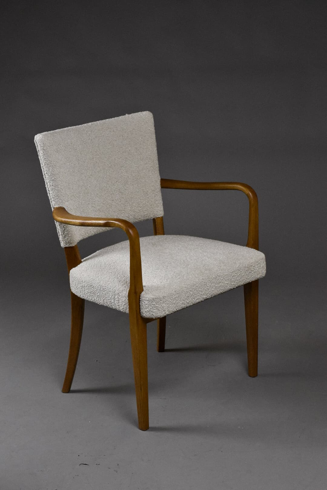 Fotel skandynawski, bouclé beżowy, dąb, lata 50. - 225162