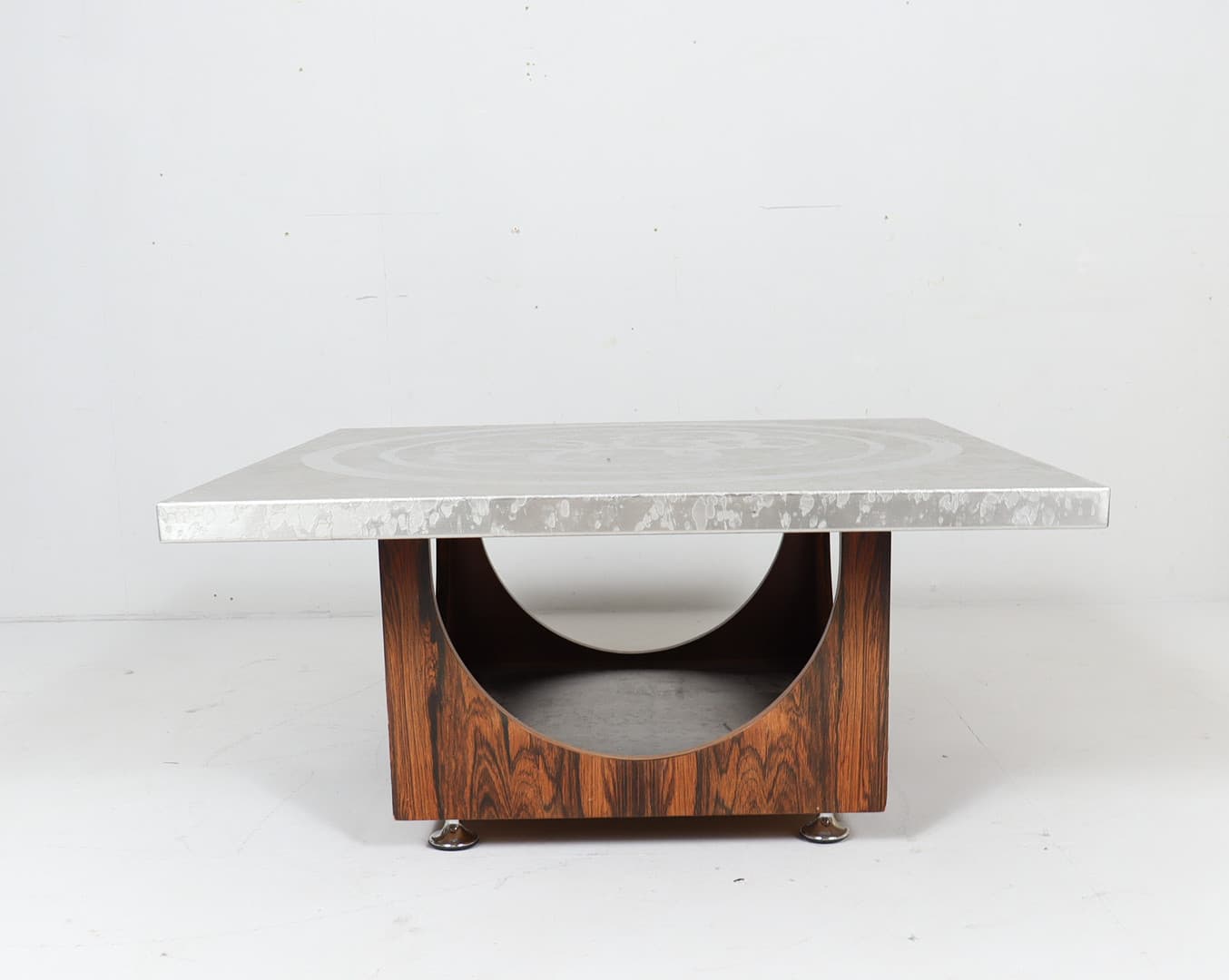 Mid-century rectangular coffee table, brushed silver steel top/rosewood base, by Heinz Lilienthal - 225267