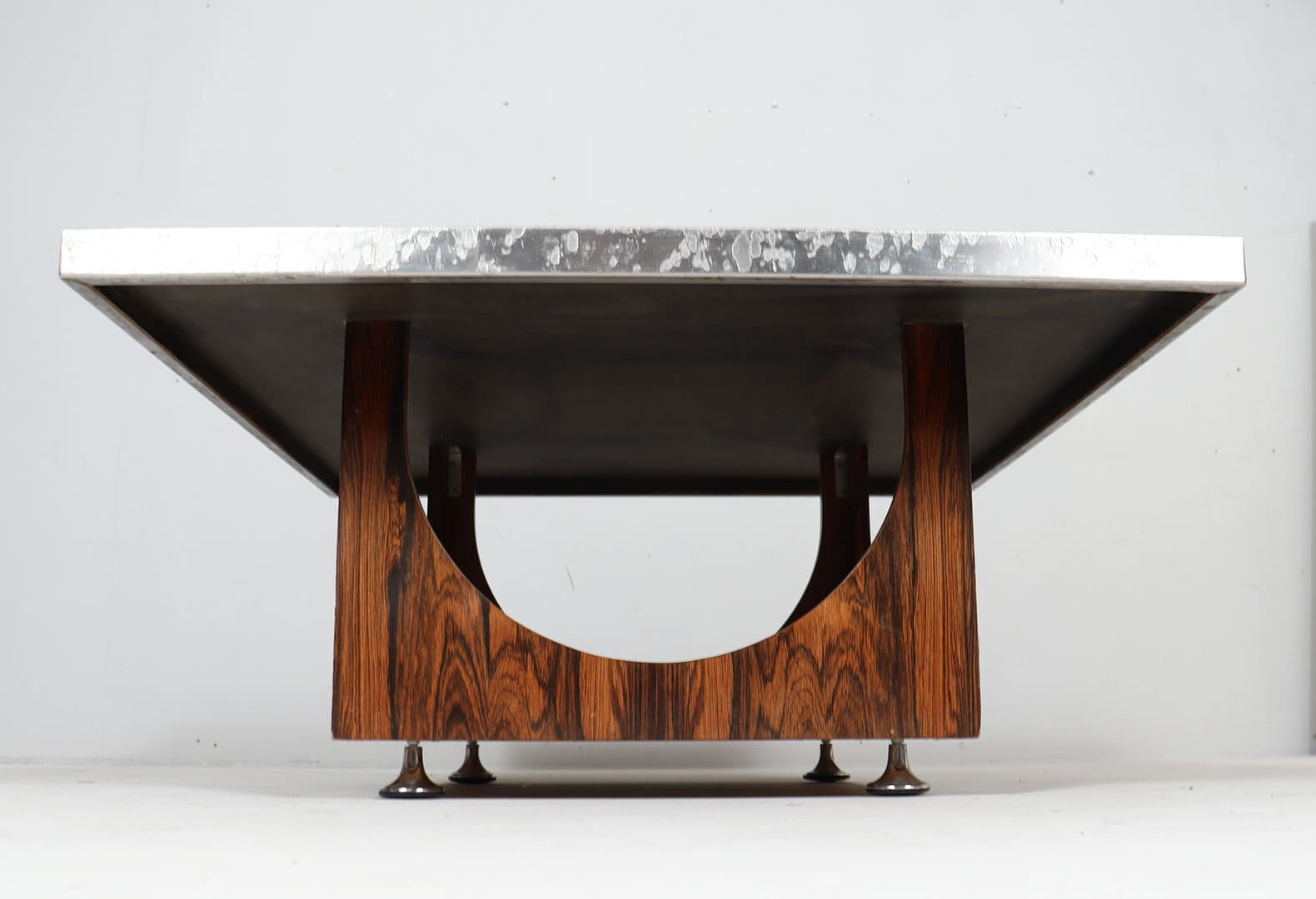 Mid-century rectangular coffee table, brushed silver steel top/rosewood base, by Heinz Lilienthal - 225258