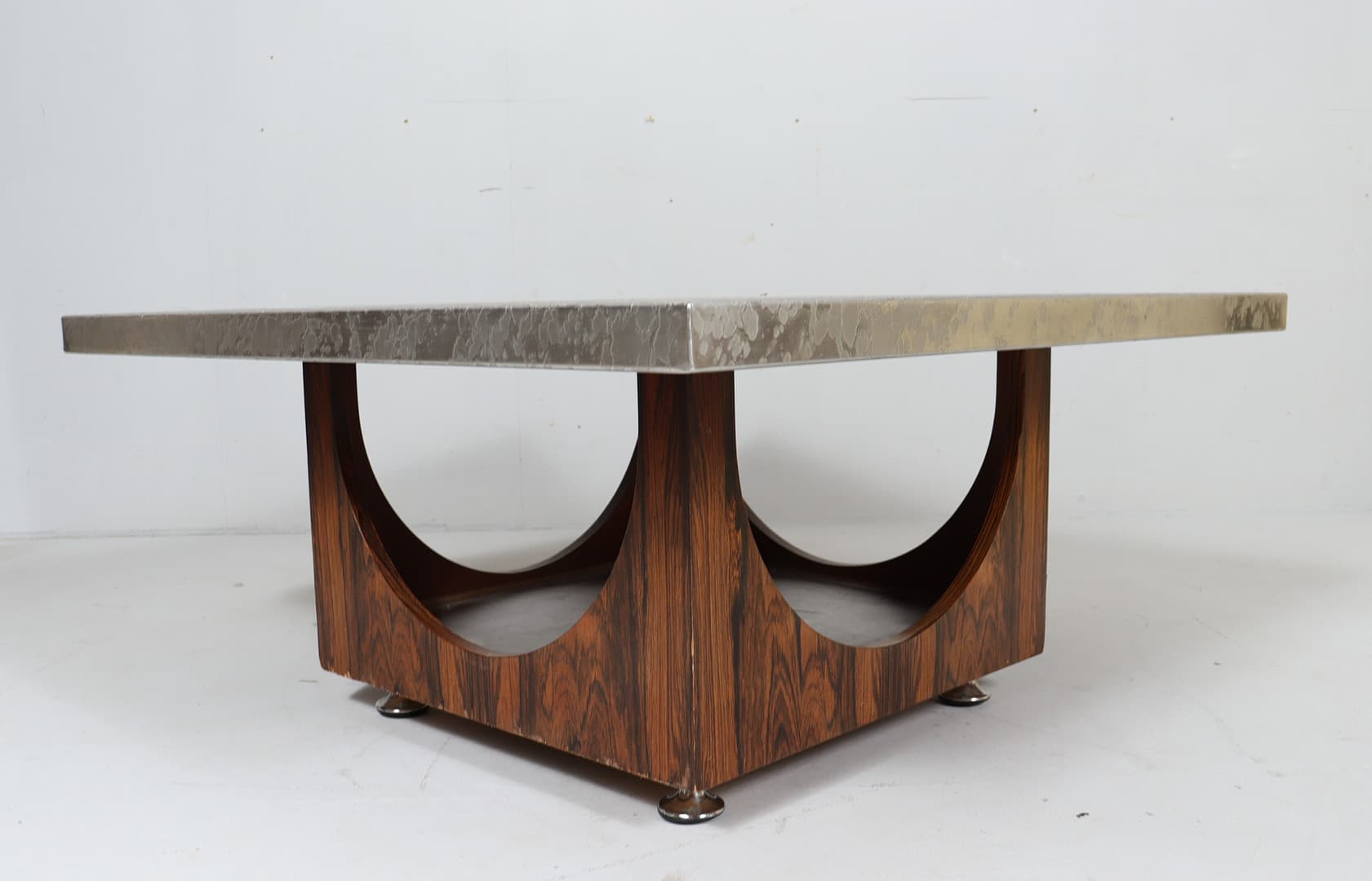 Mid-century rectangular coffee table, brushed silver steel top/rosewood base, by Heinz Lilienthal - 225268
