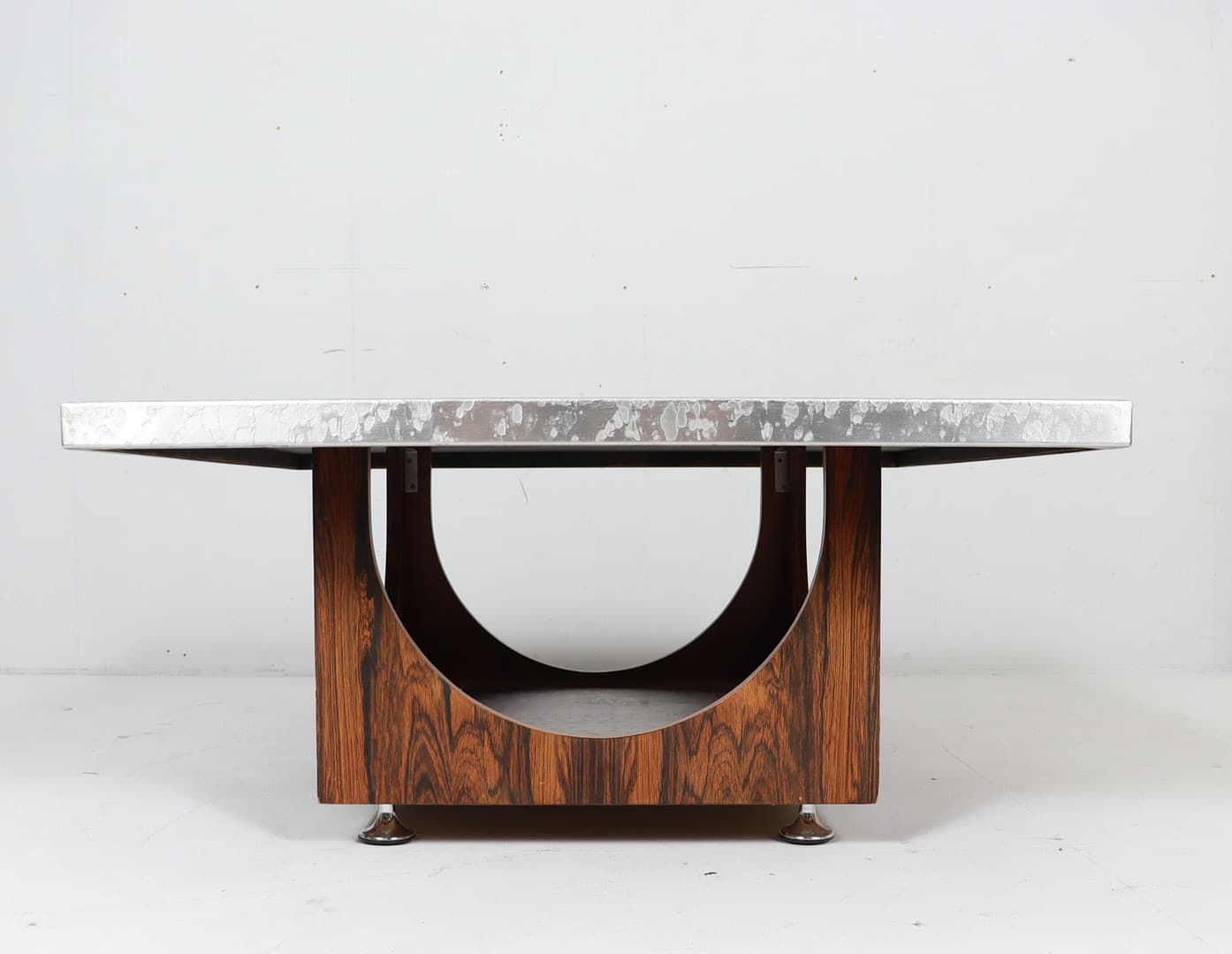 Mid-century rectangular coffee table, brushed silver steel top/rosewood base, by Heinz Lilienthal - 225260
