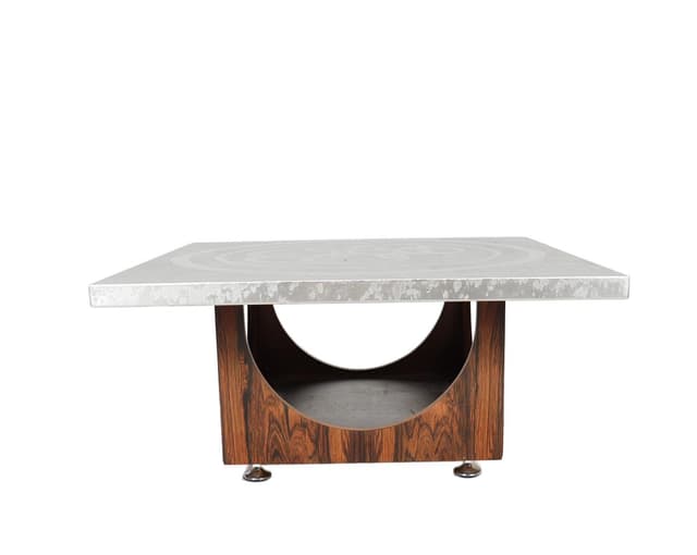 Mid-century rectangular coffee table, brushed silver steel top/rosewood base, by Heinz Lilienthal - DIMENSION