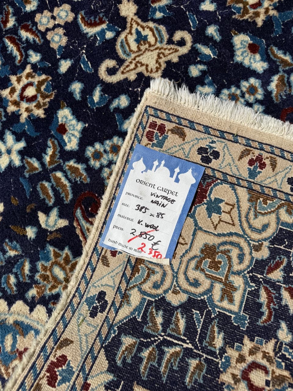 Chodnik perski Nain 385x85 cm, niebieski, wełna jedwab, Iran - 225600