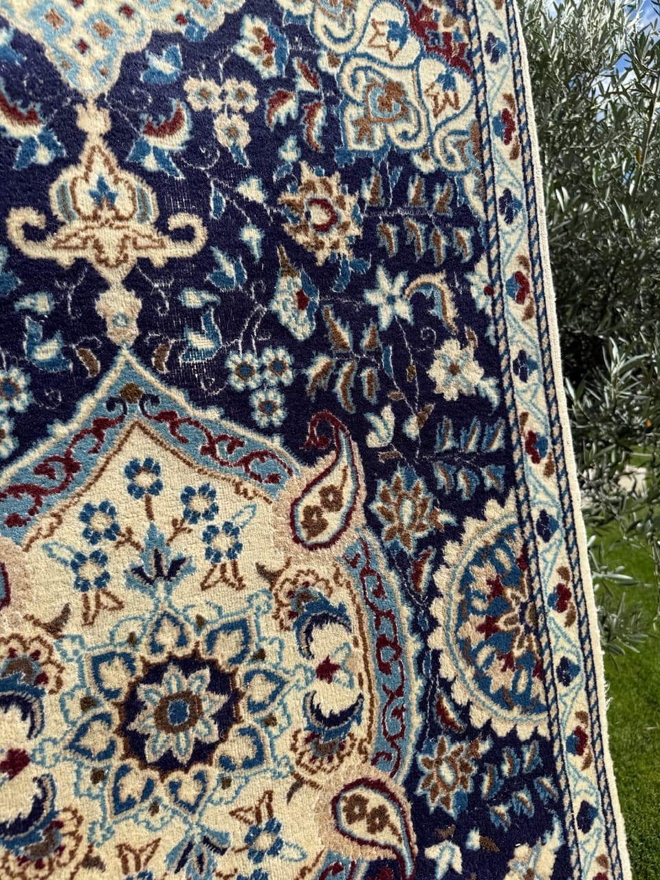 Chodnik perski Nain 385x85 cm, niebieski, wełna jedwab, Iran - 225602