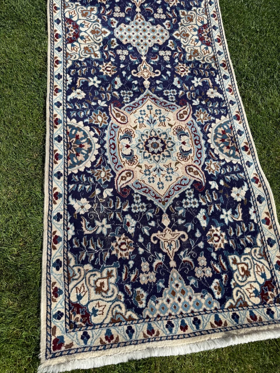 Chodnik perski Nain 385x85 cm, niebieski, wełna jedwab, Iran - 225593