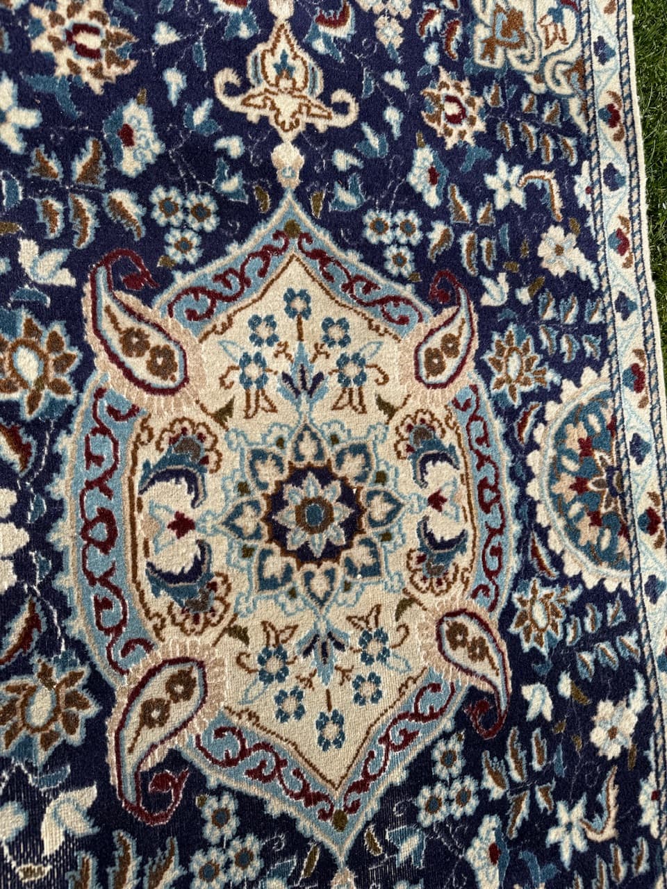 Chodnik perski Nain 385x85 cm, niebieski, wełna jedwab, Iran - 225601