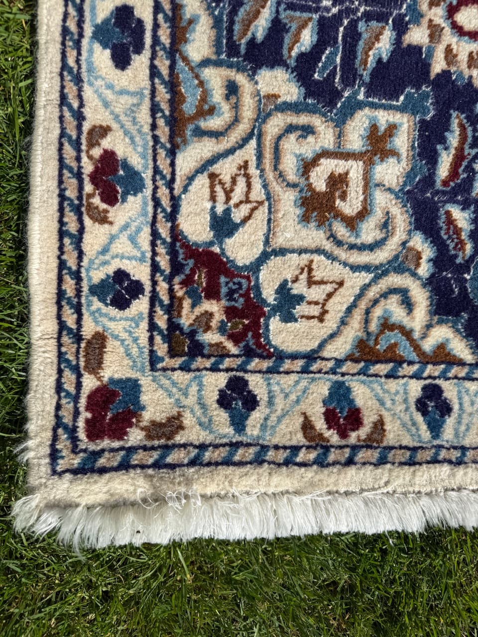 Chodnik perski Nain 385x85 cm, niebieski, wełna jedwab, Iran - 225596