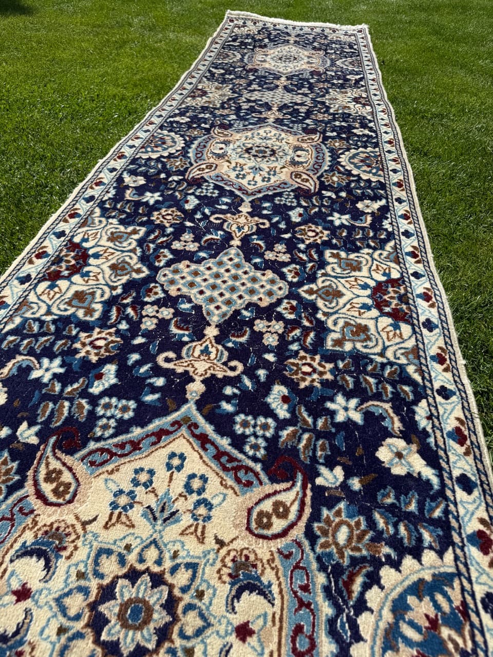 Chodnik perski Nain 385x85 cm, niebieski, wełna jedwab, Iran - 225599