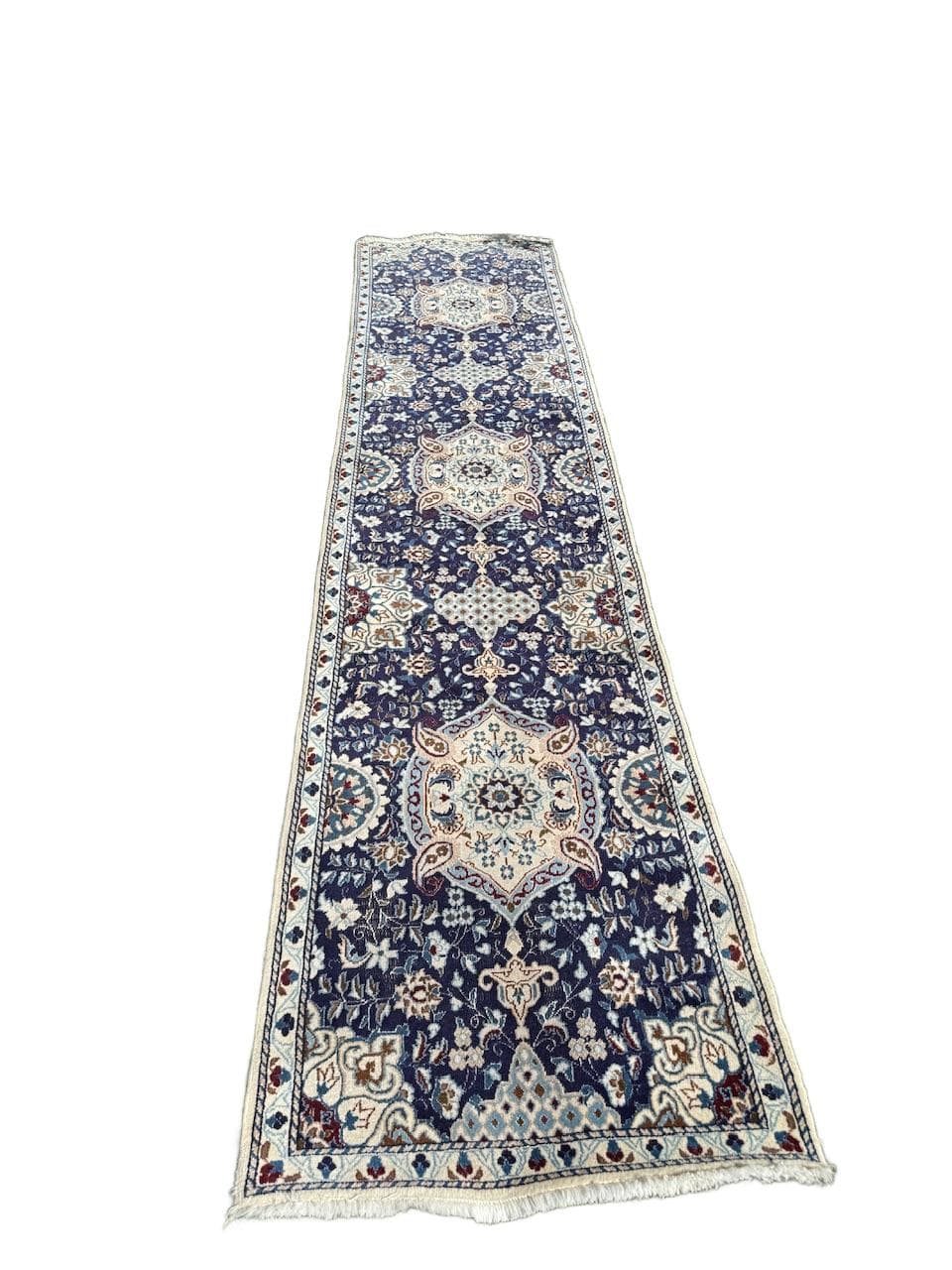 Chodnik perski Nain 385x85 cm, niebieski, wełna jedwab, Iran