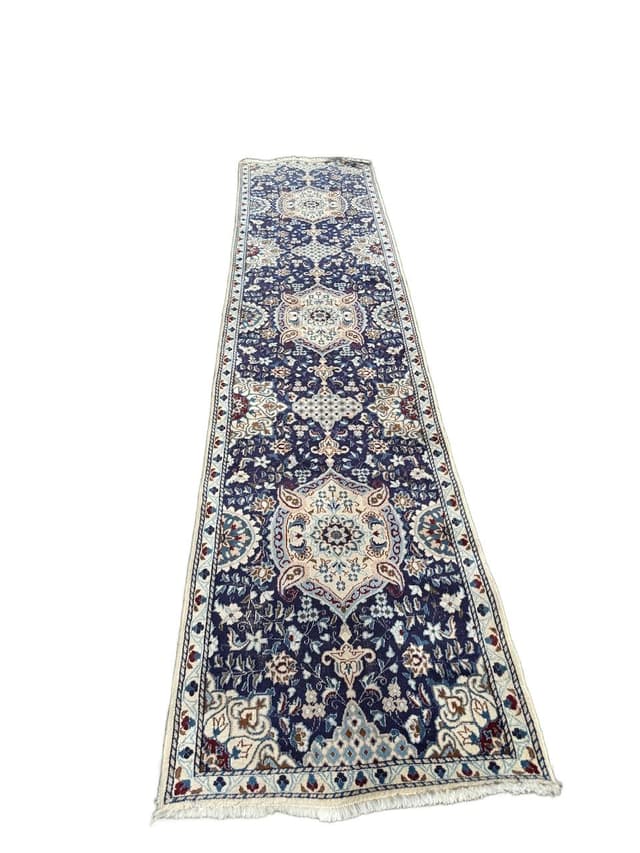 Chodnik perski Nain 385x85 cm, niebieski, wełna jedwab, Iran - WYMIARY