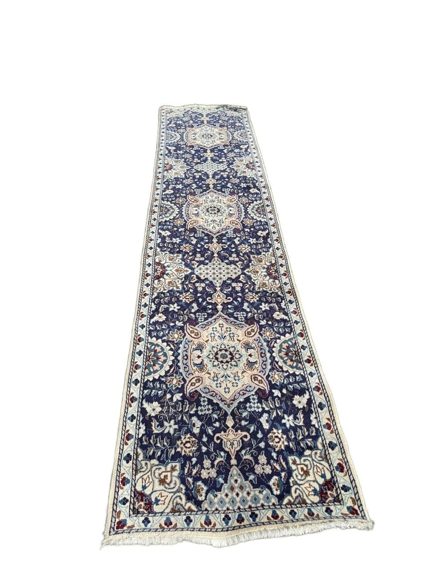 Chodnik perski Nain 385x85 cm, niebieski, wełna jedwab, Iran