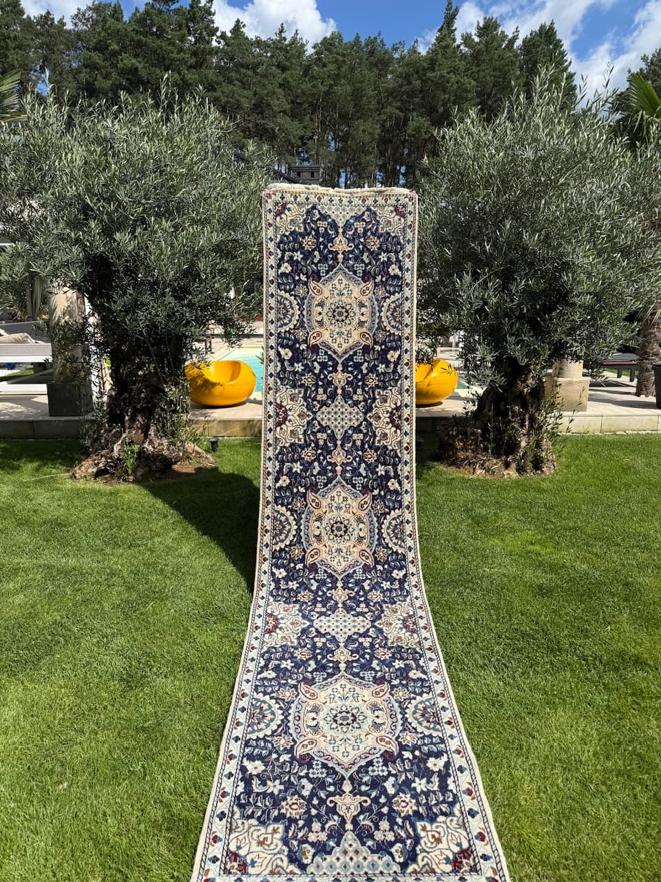 Chodnik perski Nain 385x85 cm, niebieski, wełna jedwab, Iran - 225592