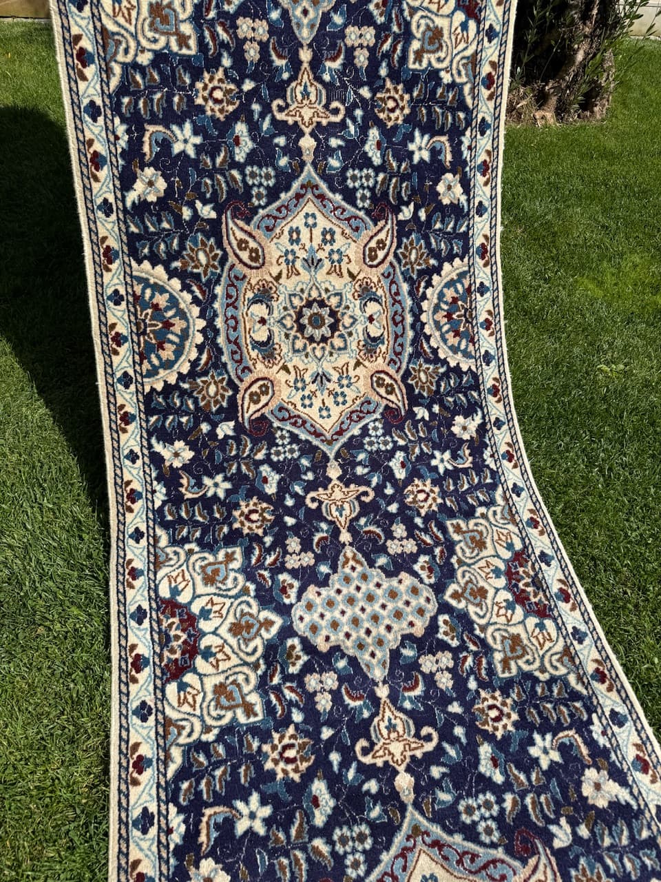 Chodnik perski Nain 385x85 cm, niebieski, wełna jedwab, Iran - 225603