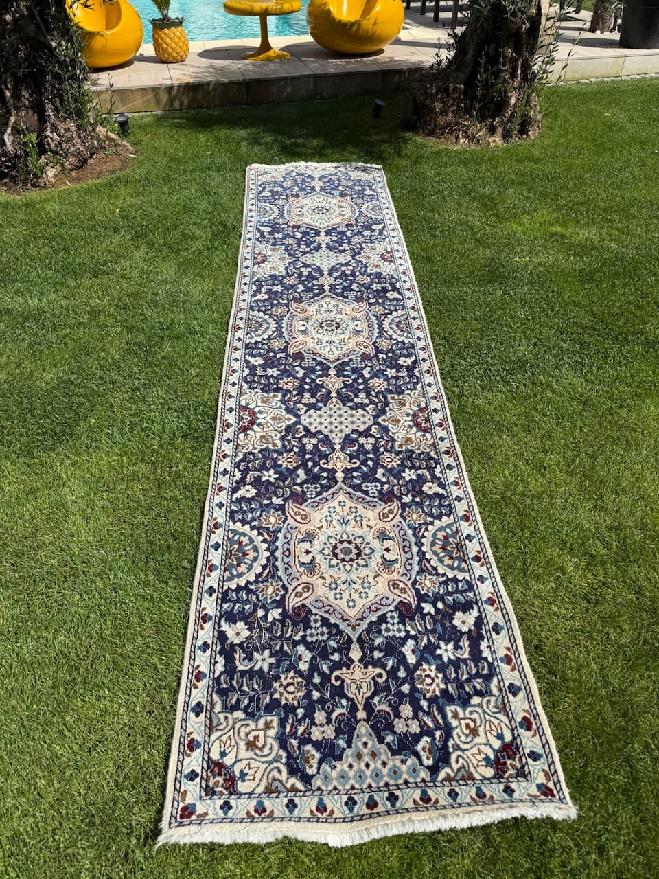 Chodnik perski Nain 385x85 cm, niebieski, wełna jedwab, Iran - 225604