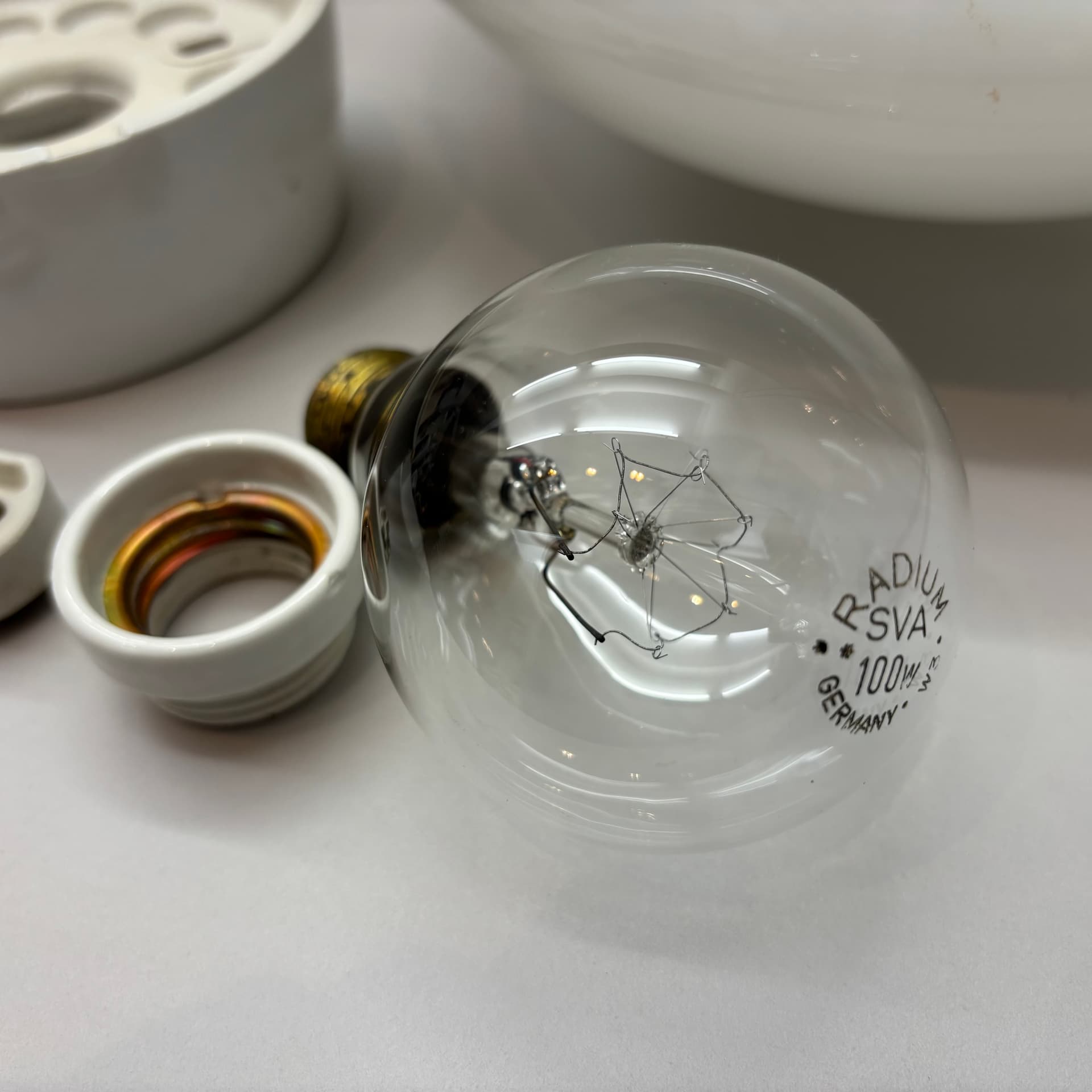 Ceiling Lamp Bauhaus, white opaline glass, white ceramic, by W. Wagenfeld, Germany, 1960s. - 225819