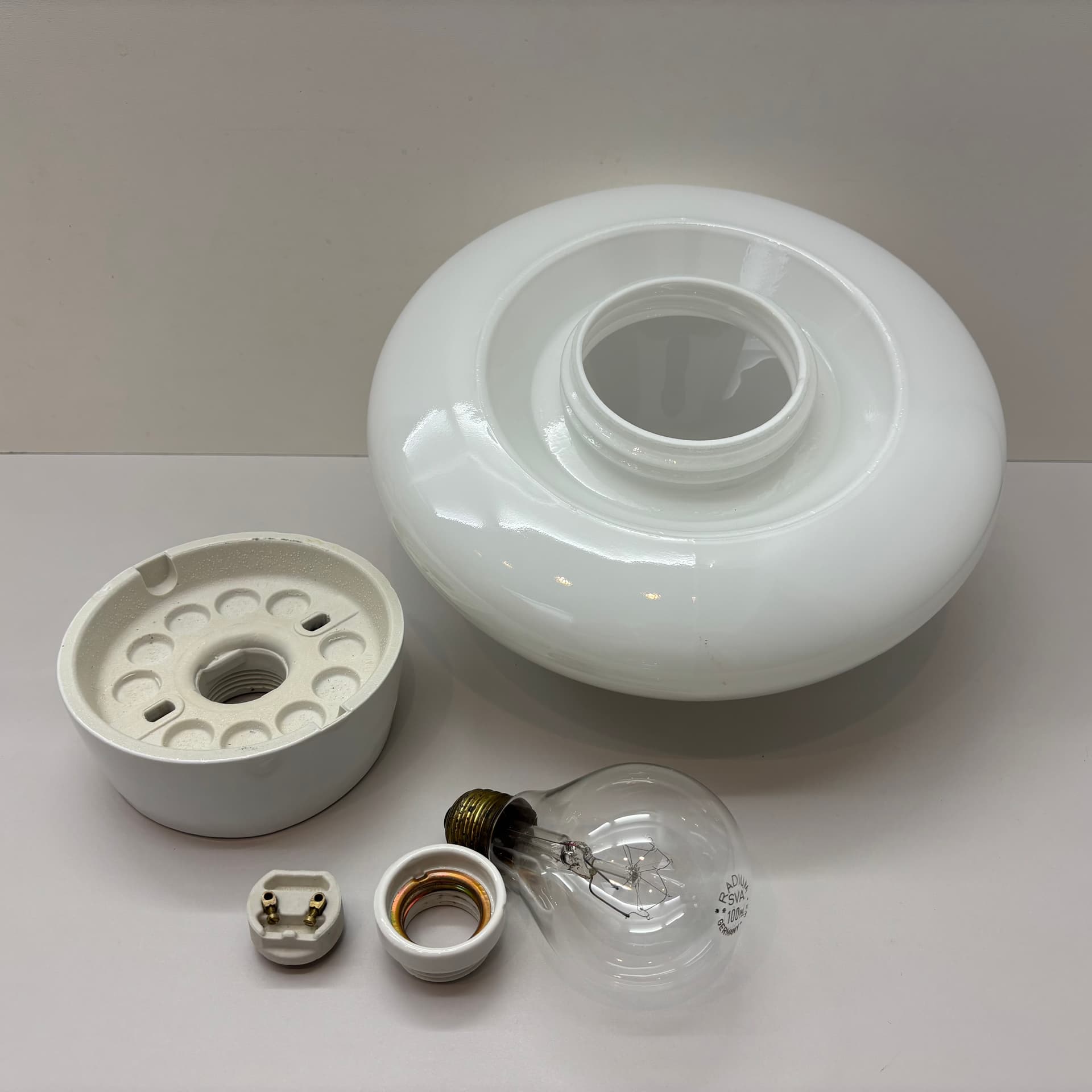 Ceiling Lamp Bauhaus, white opaline glass, white ceramic, by W. Wagenfeld, Germany, 1960s. - 225820