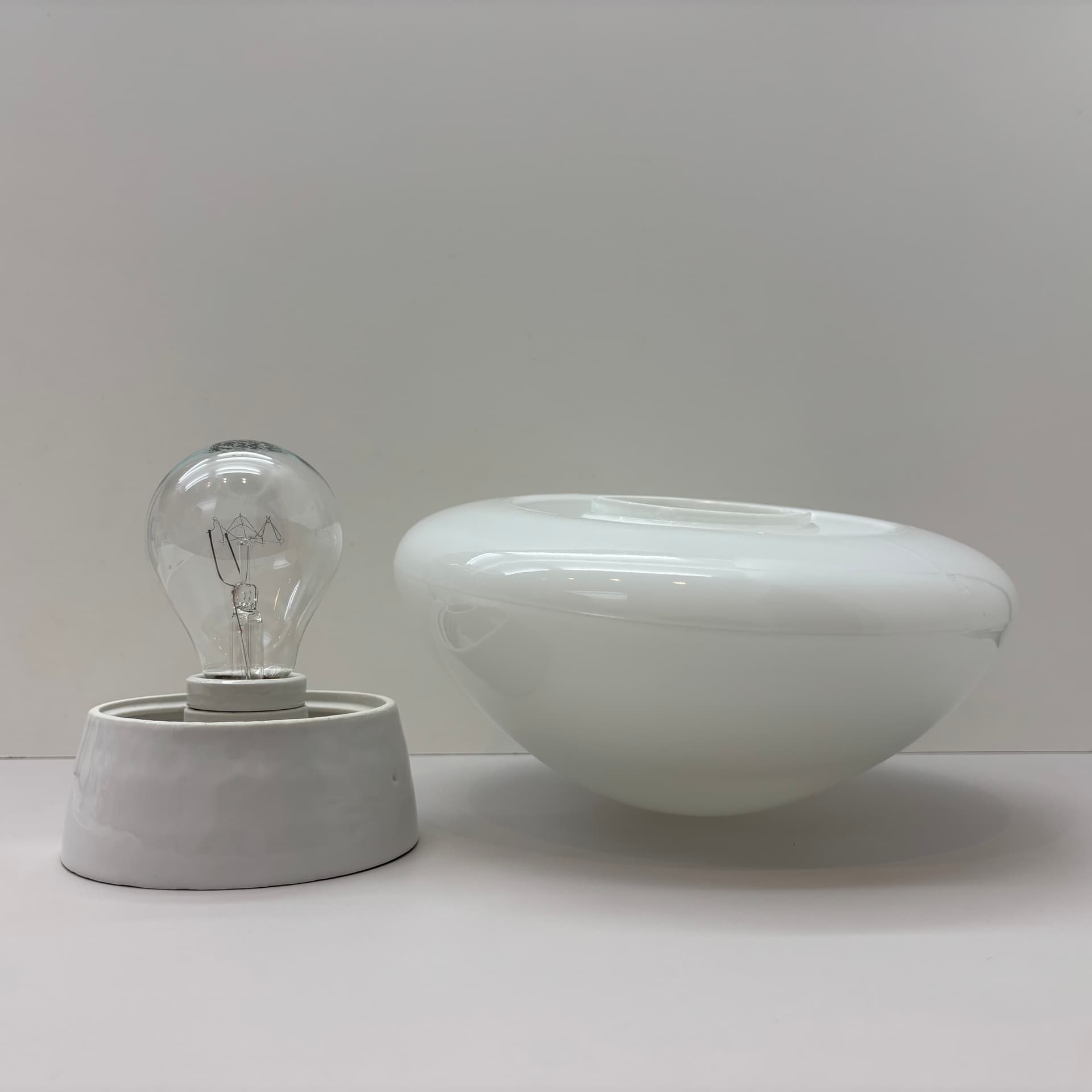 Ceiling Lamp Bauhaus, white opaline glass, white ceramic, by W. Wagenfeld, Germany, 1960s. - 225812