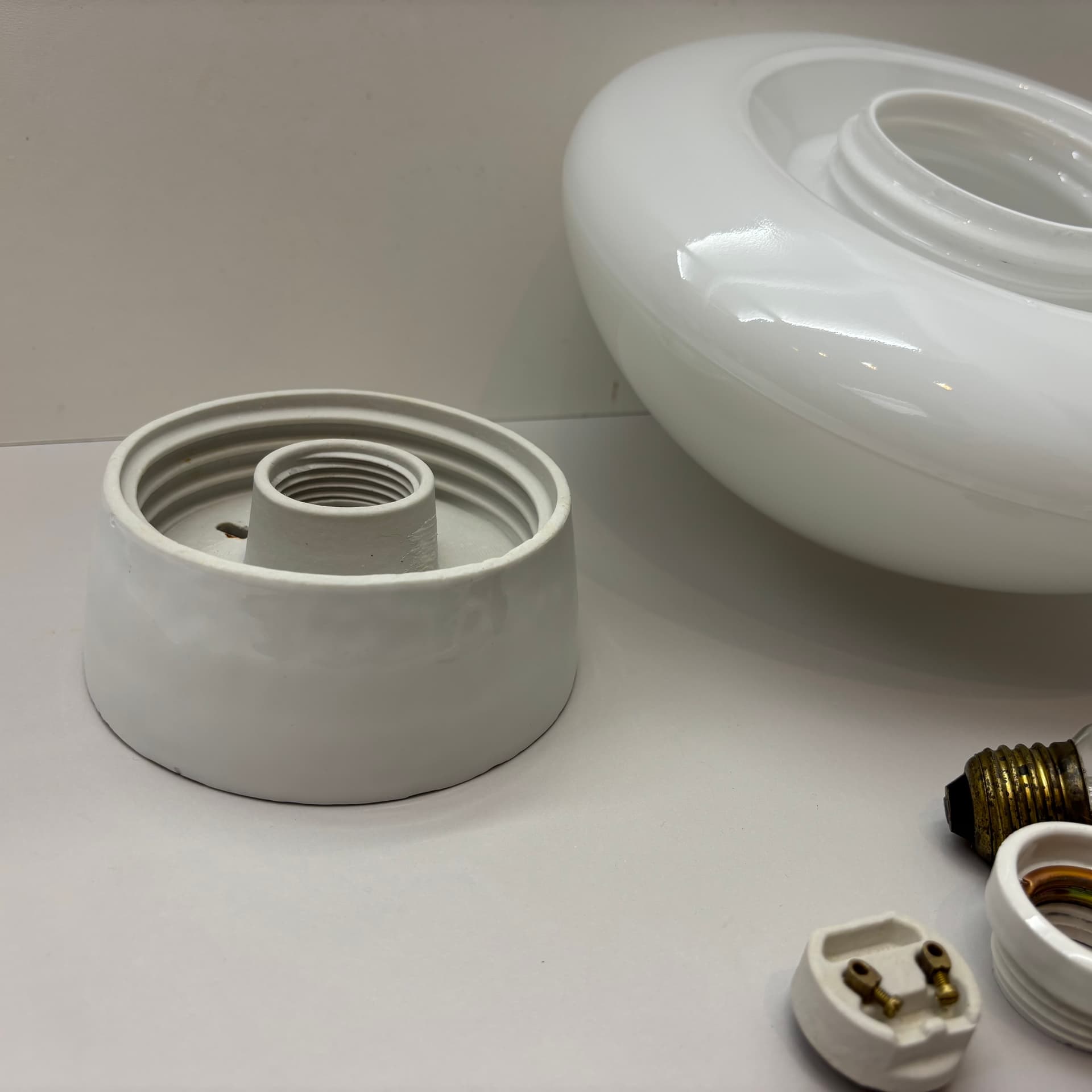 Ceiling Lamp Bauhaus, white opaline glass, white ceramic, by W. Wagenfeld, Germany, 1960s. - 225816