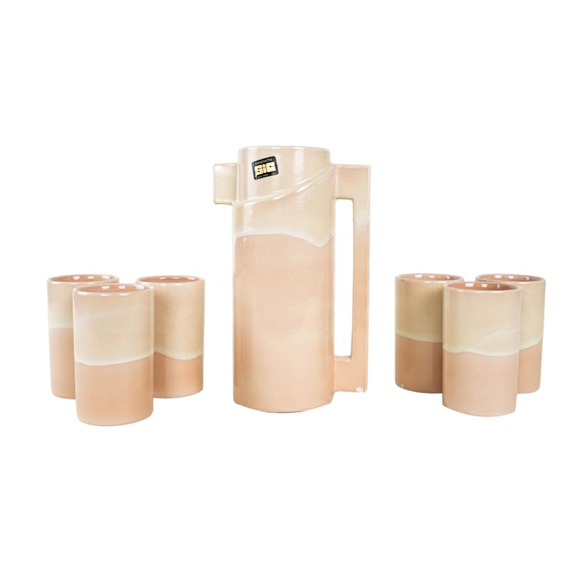 Set pitcher and cups, beige ceramic, Ceramiche SIC, Italy, 1960s.