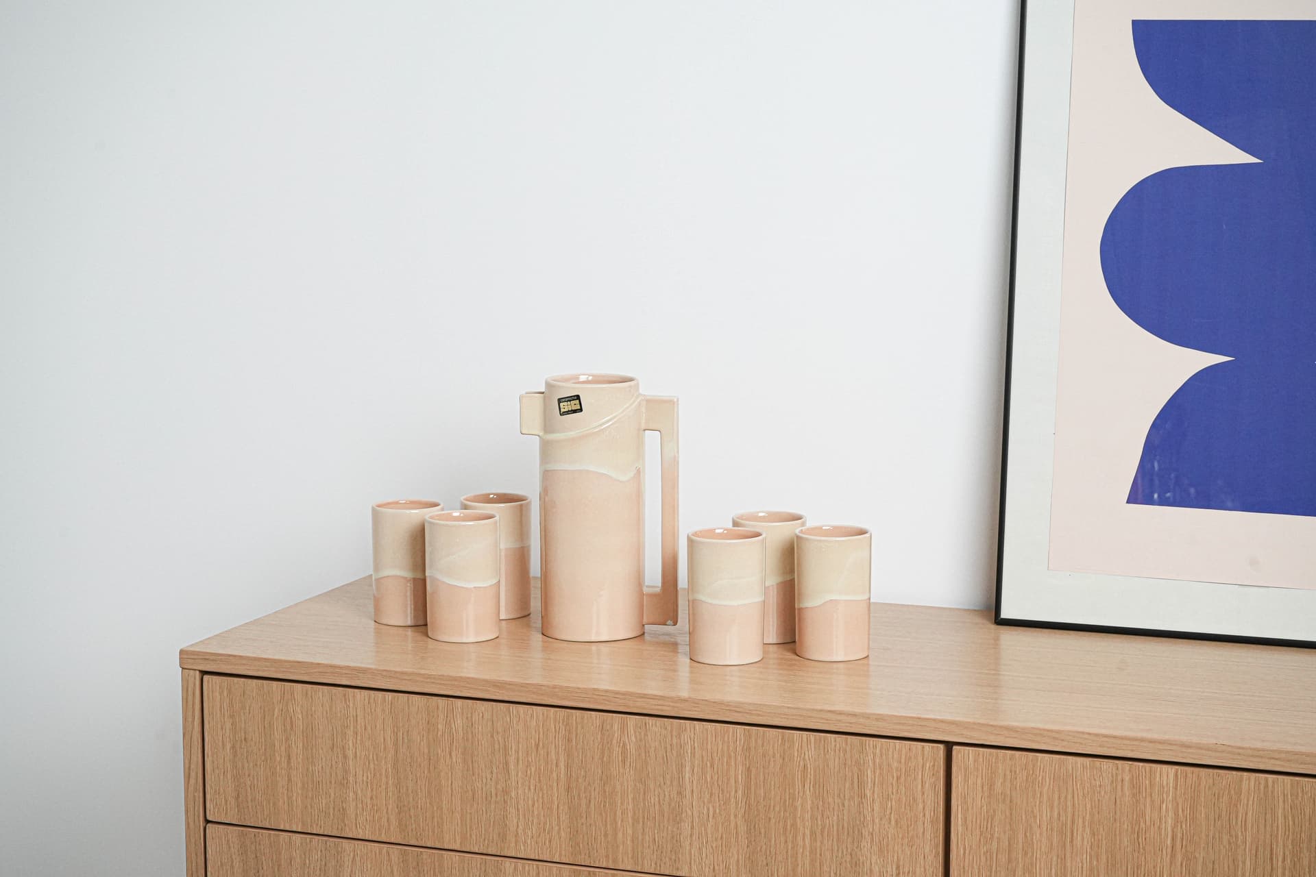 Zestaw dzbanek i kubki, beżowy, ceramika, Ceramiche SIC, Włochy, lata 60. - 225848