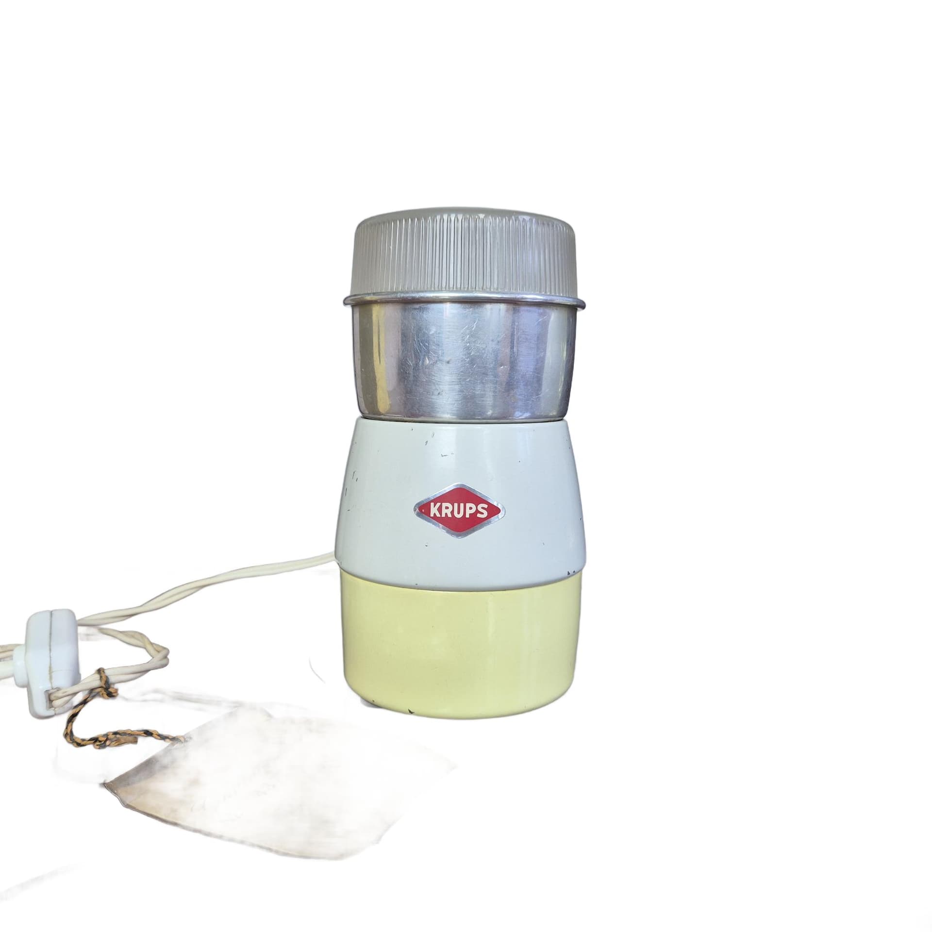 Coffee grinder Type 308, yellow aluminium, cream plastic, Krups, Germany, 1970s.