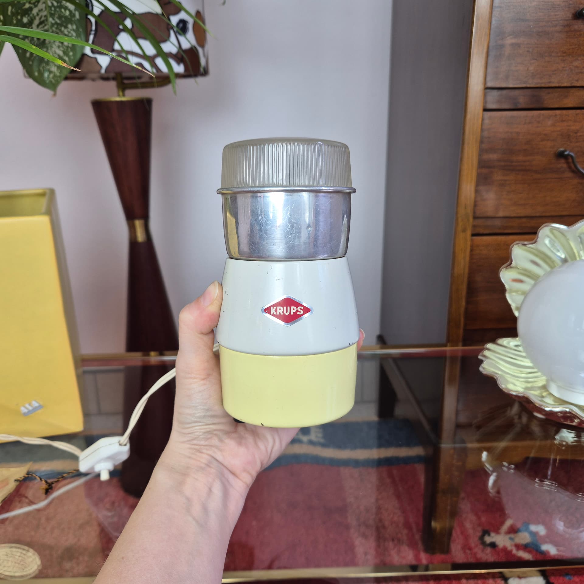 Coffee grinder Type 308, yellow aluminium, cream plastic, Krups, Germany, 1970s. - 226436