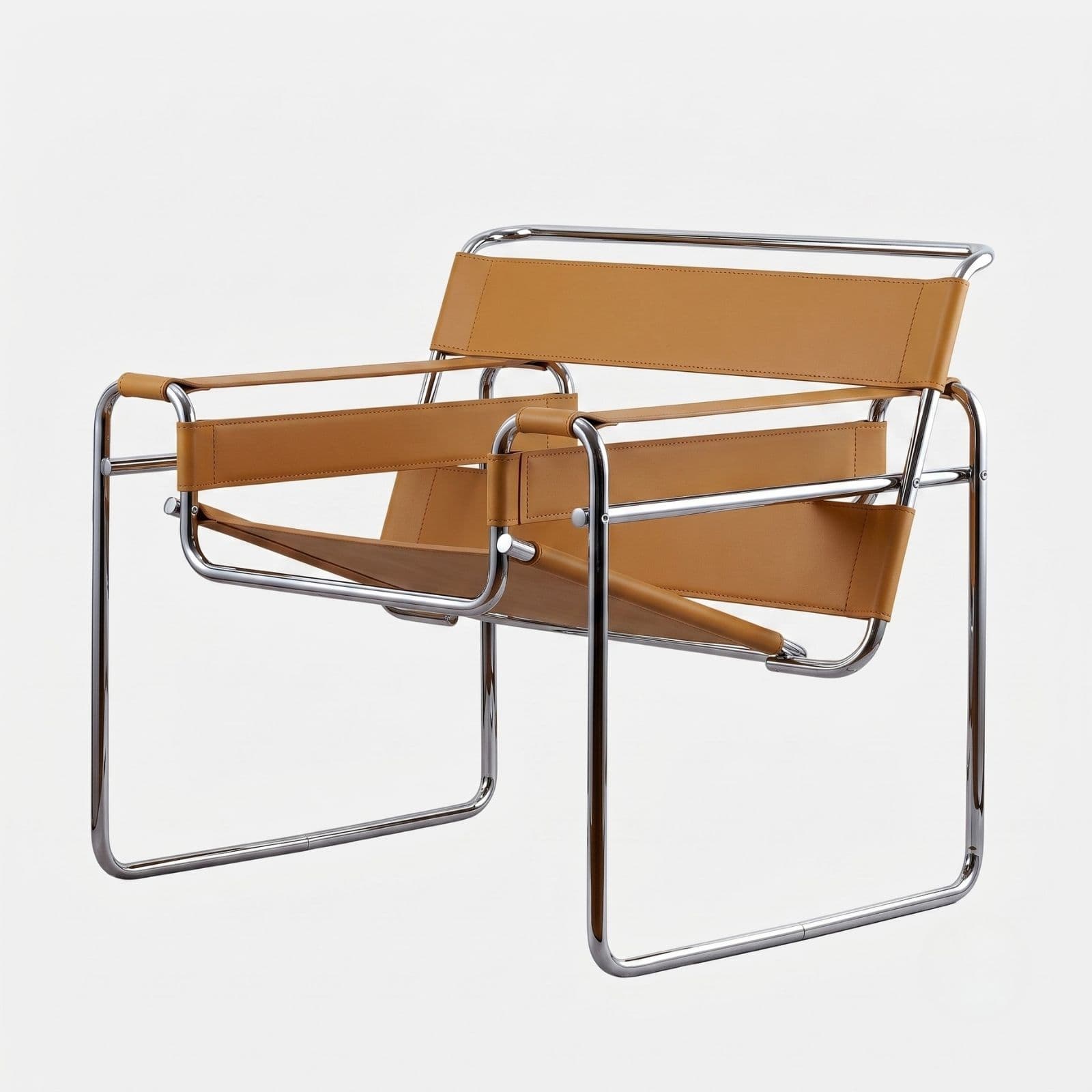 Fotel z giętej stali wg proj. Wassily, M. Breuer, brązowy camel, skóra naturalna - 351622