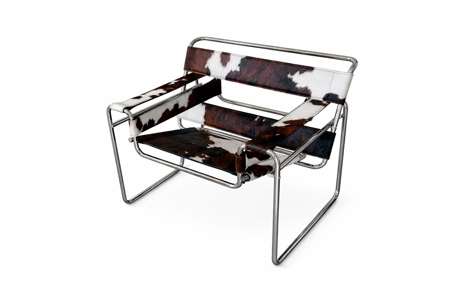 Fotel z giętej stali wg proj. Wassily, M. Breuer, biały, brązowy, skóra pony