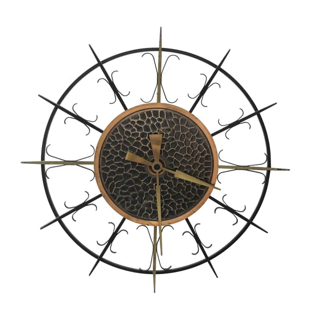 Zegar ścienny brutalistyczny, stal brązowy ciemny, mosiądz złoty, Ruhla Electric, Niemcy, lata 70. - WYMIARY