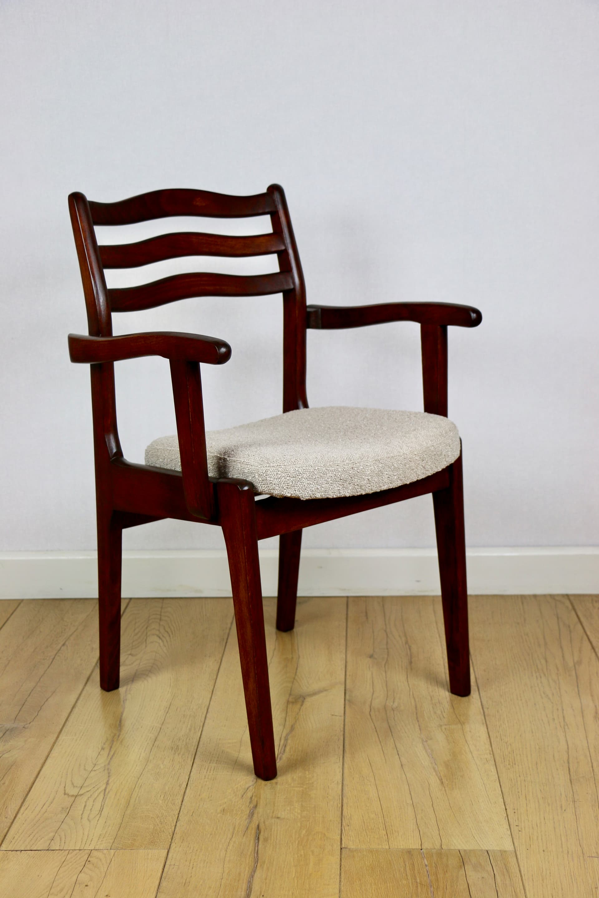 Set of three chairs, beige bouclé, dark walnut-stained beech, Poland, 1970s. - 227234