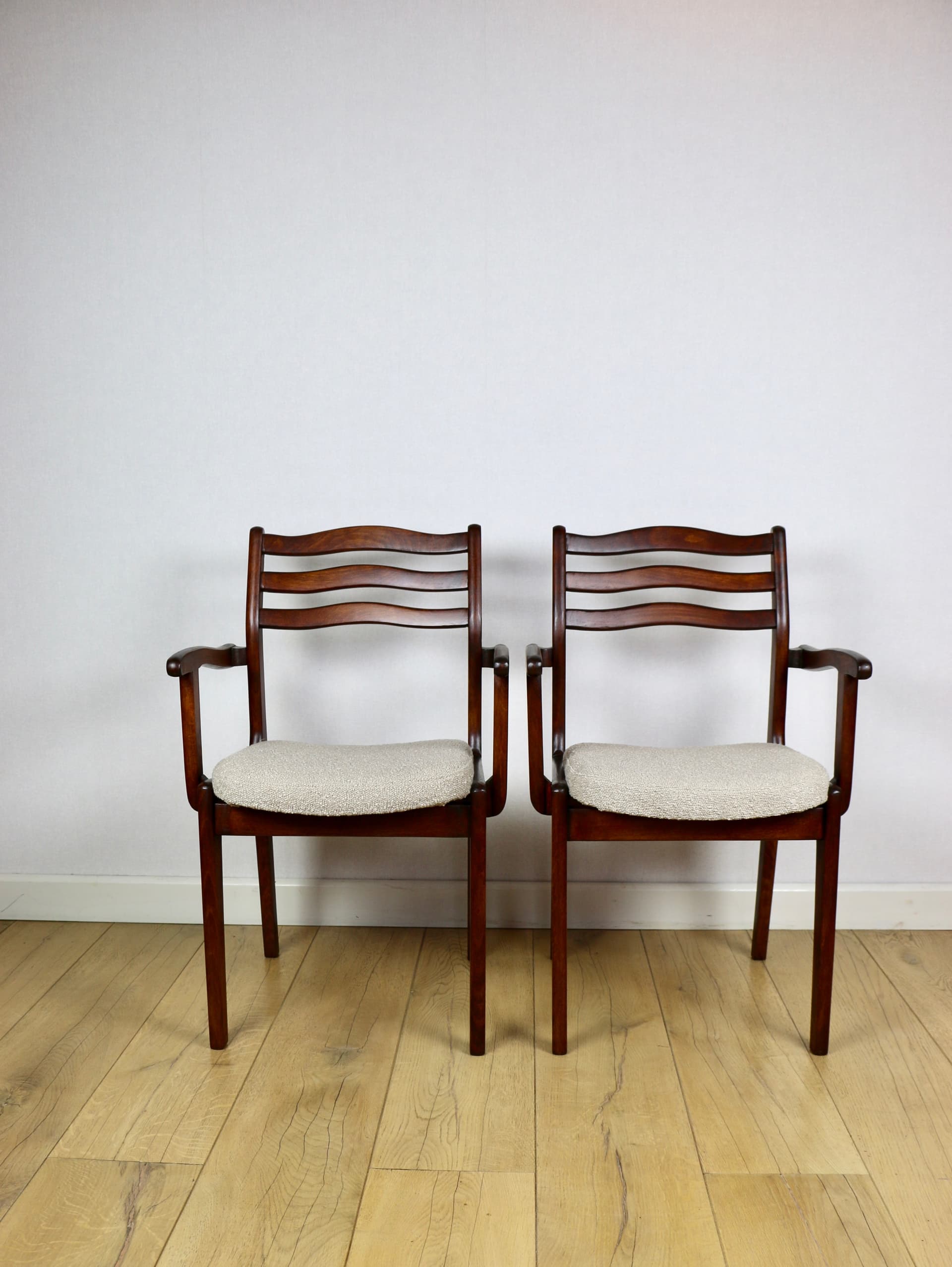 Set of three chairs, beige bouclé, dark walnut-stained beech, Poland, 1970s. - 227224
