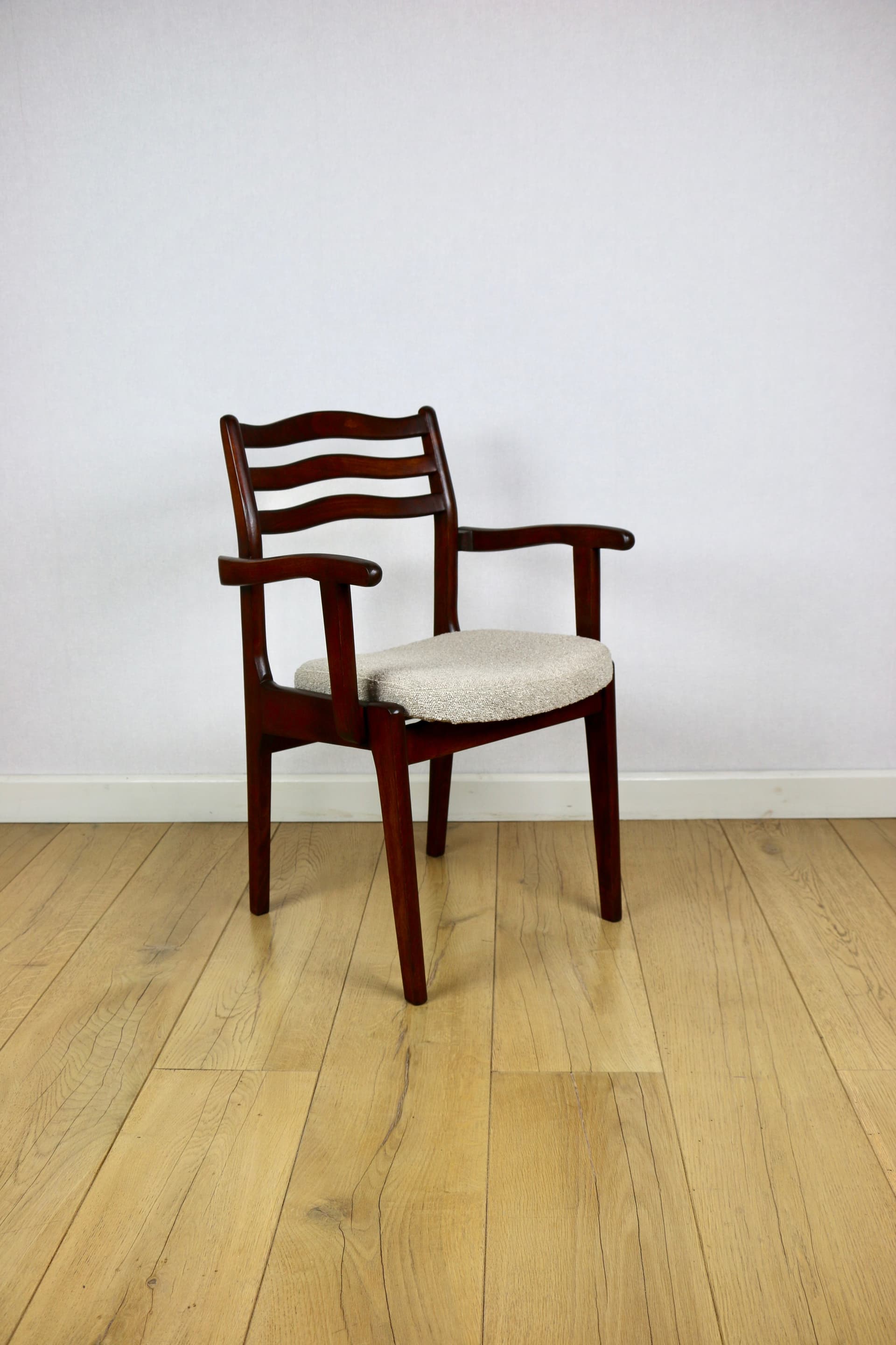 Set of three chairs, beige bouclé, dark walnut-stained beech, Poland, 1970s. - 227236