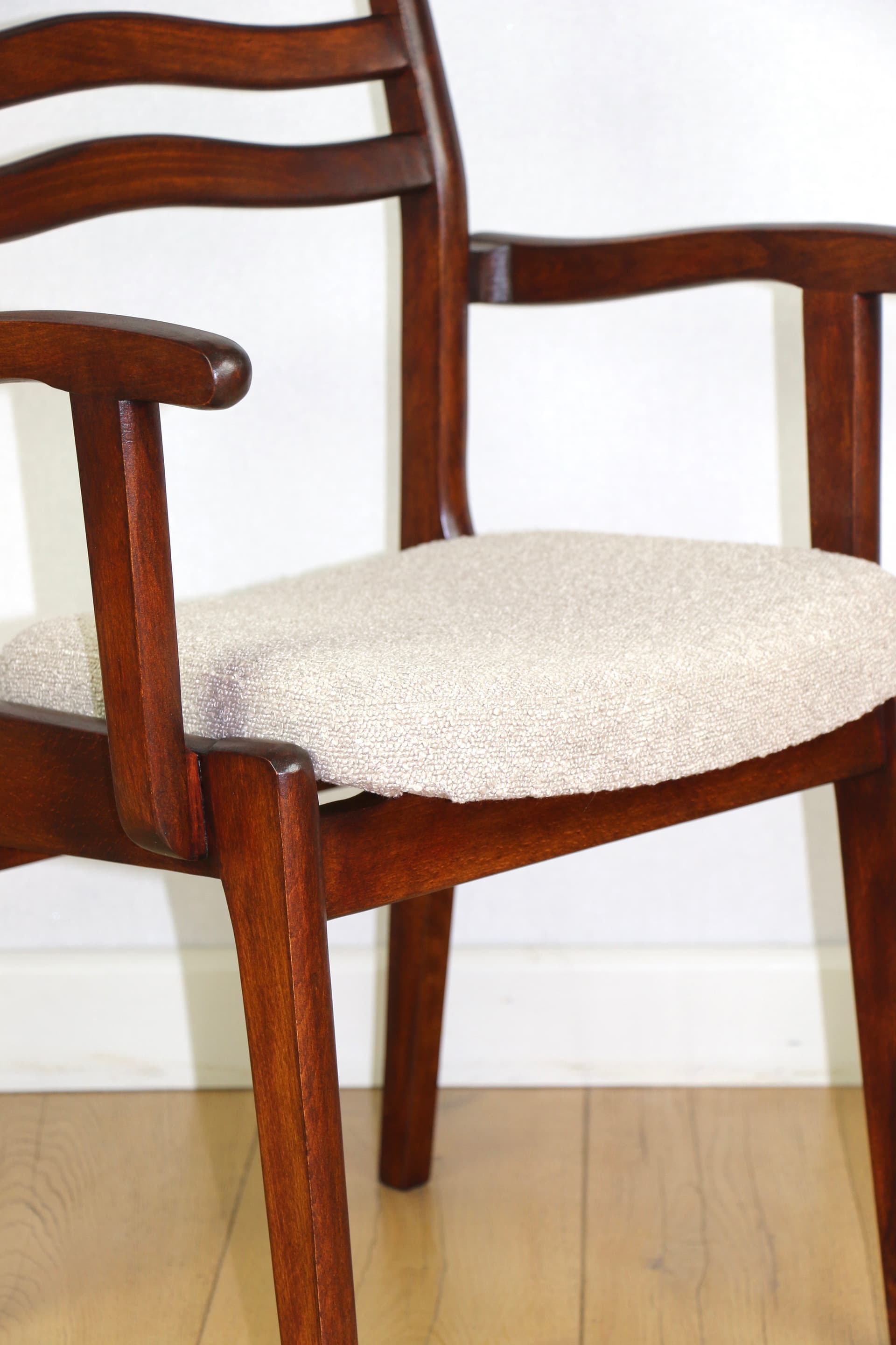 Set of three chairs, beige bouclé, dark walnut-stained beech, Poland, 1970s. - 227235