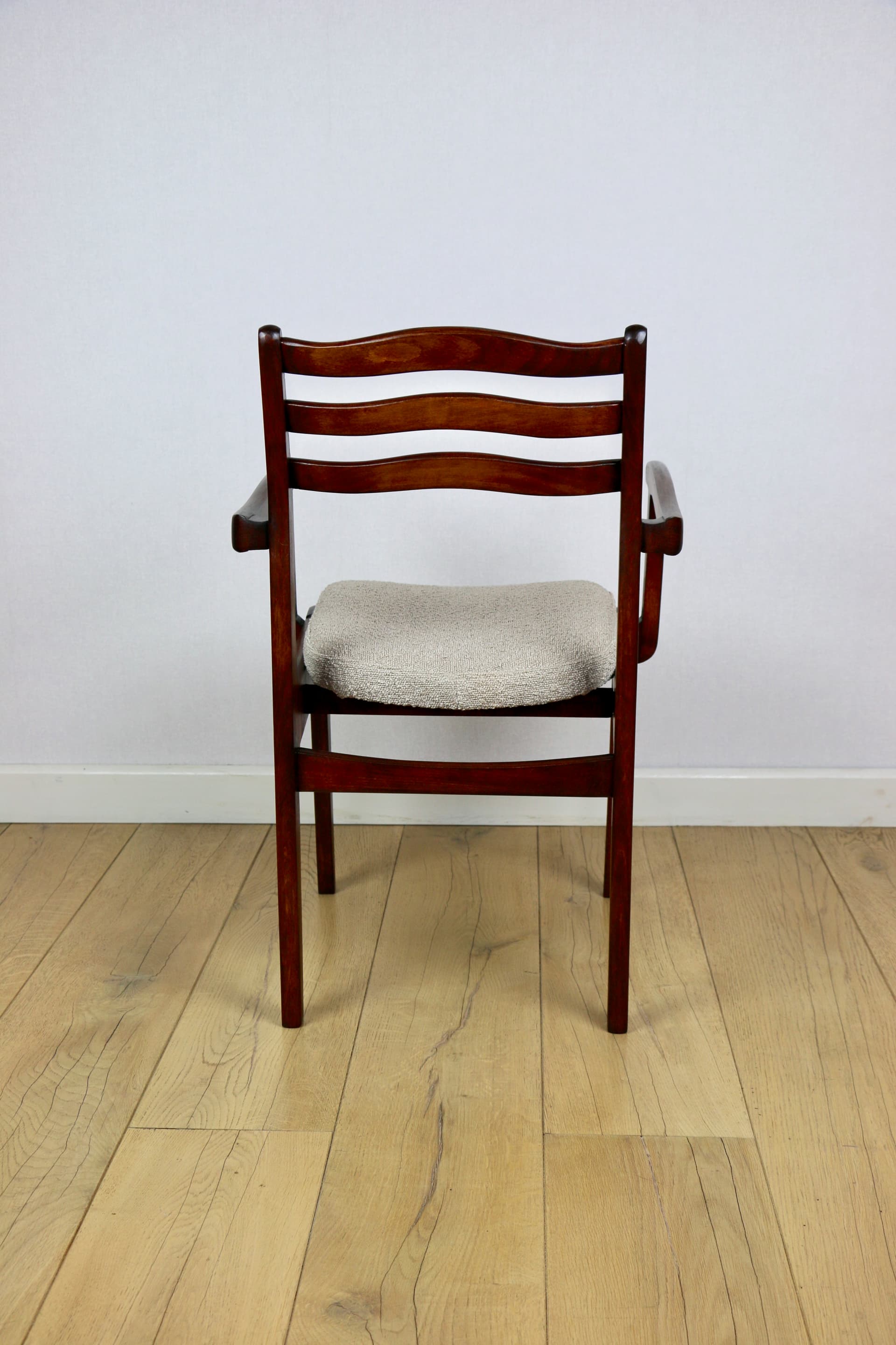 Set of three chairs, beige bouclé, dark walnut-stained beech, Poland, 1970s. - 227231