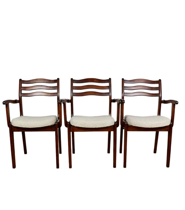 Set of three chairs, beige bouclé, dark walnut-stained beech, Poland, 1970s. - DIMENSION