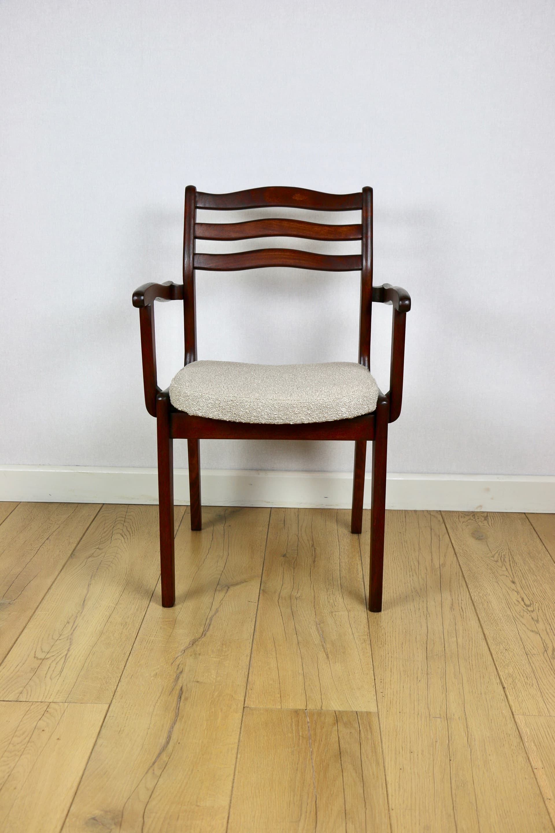 Set of three chairs, beige bouclé, dark walnut-stained beech, Poland, 1970s. - 227227