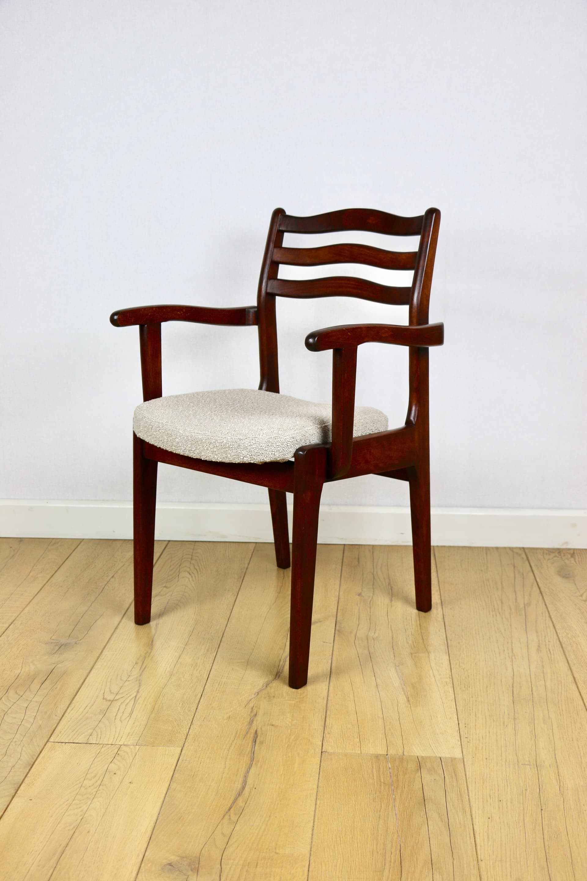 Set of three chairs, beige bouclé, dark walnut-stained beech, Poland, 1970s. - 227228