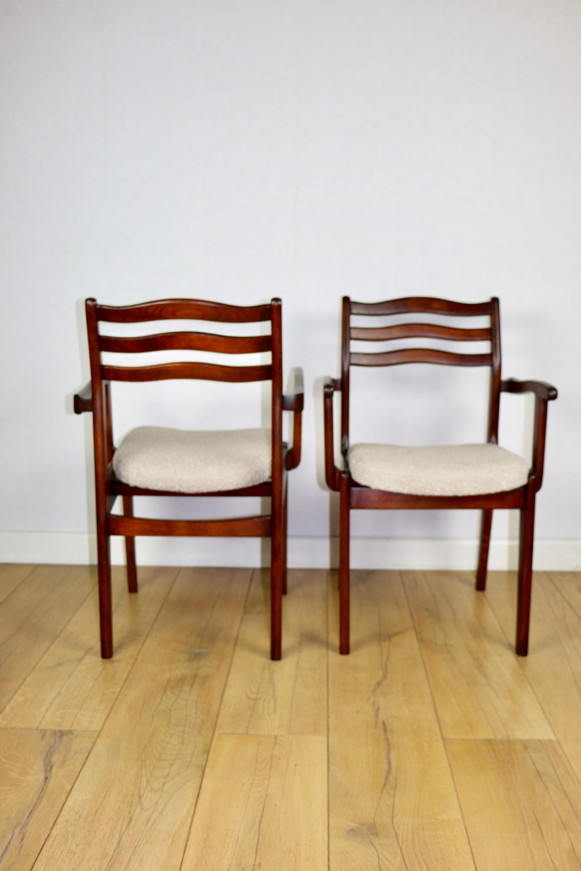 Set of three chairs, beige bouclé, dark walnut-stained beech, Poland, 1970s. - 227225