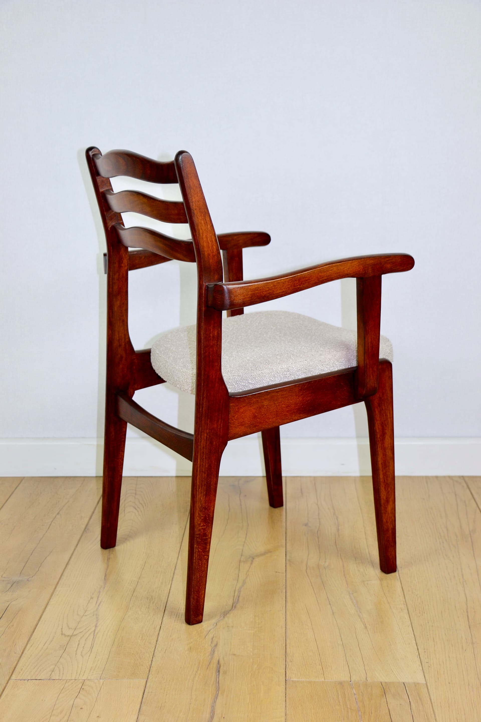 Set of three chairs, beige bouclé, dark walnut-stained beech, Poland, 1970s. - 227232