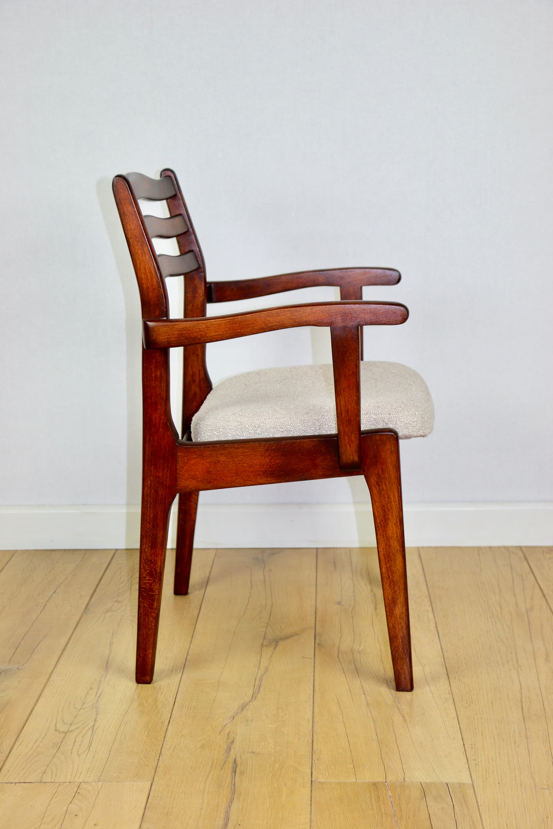 Set of three chairs, beige bouclé, dark walnut-stained beech, Poland, 1970s. - 227233