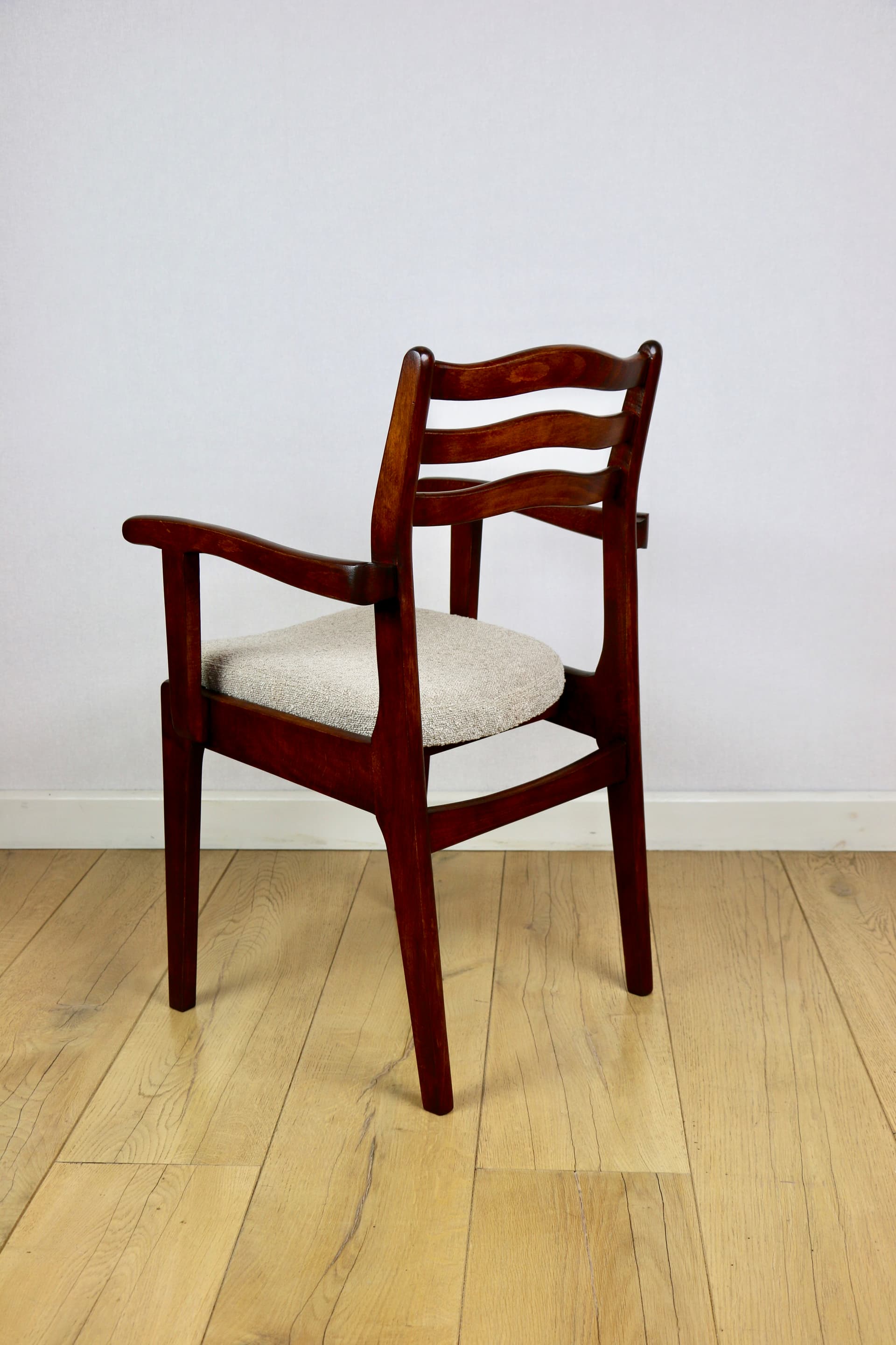 Set of three chairs, beige bouclé, dark walnut-stained beech, Poland, 1970s. - 227230