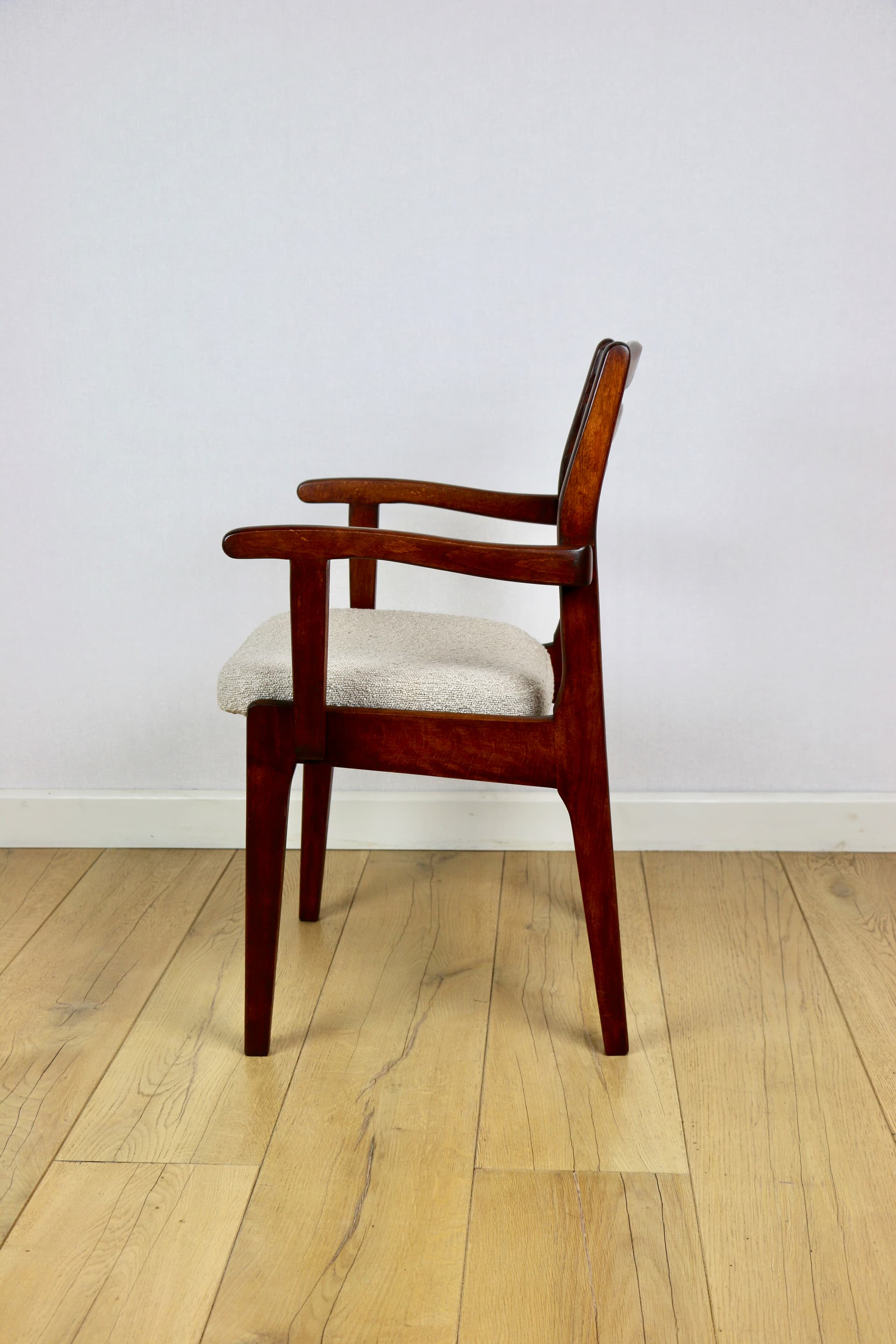 Set of three chairs, beige bouclé, dark walnut-stained beech, Poland, 1970s. - 227229