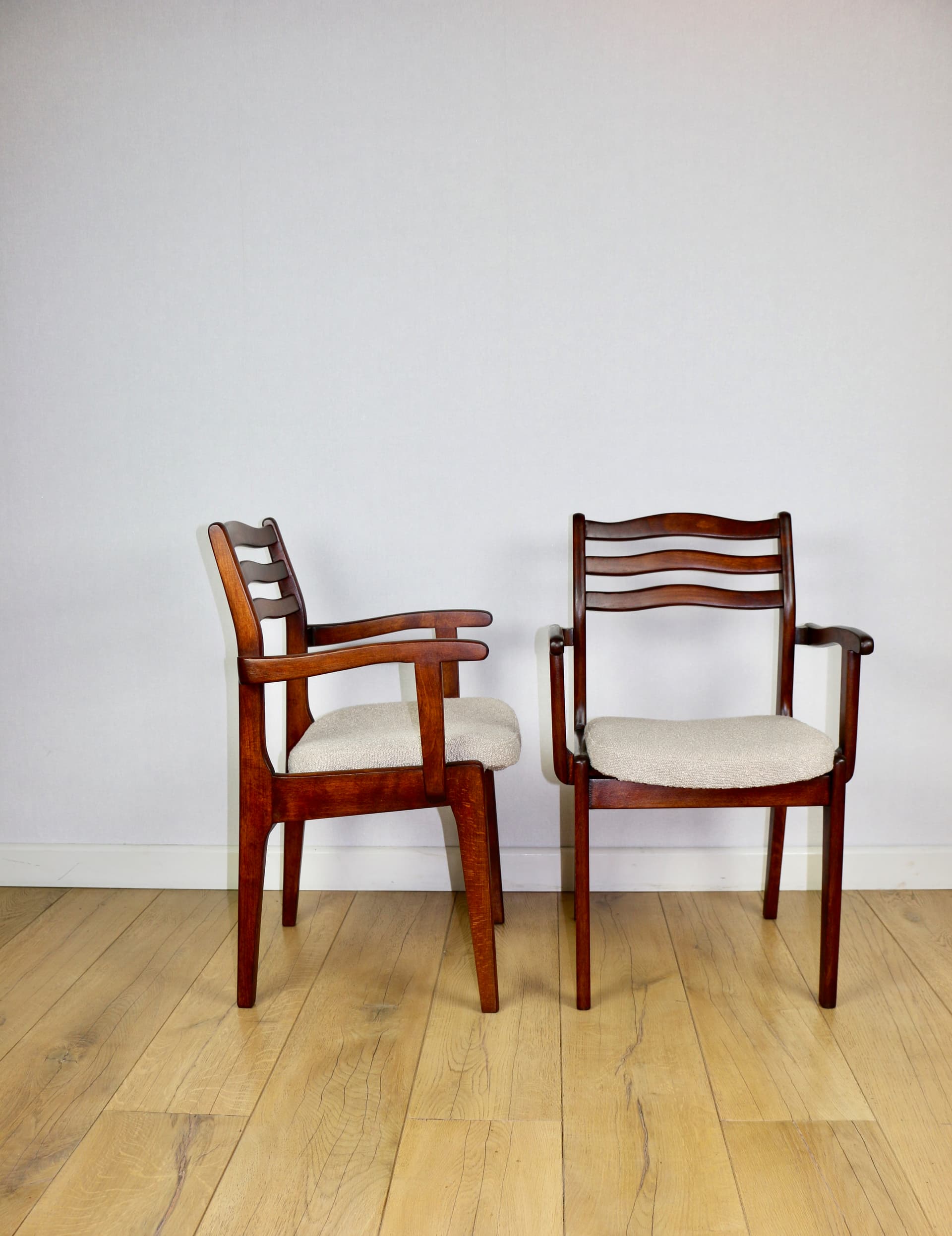 Set of three chairs, beige bouclé, dark walnut-stained beech, Poland, 1970s. - 227226