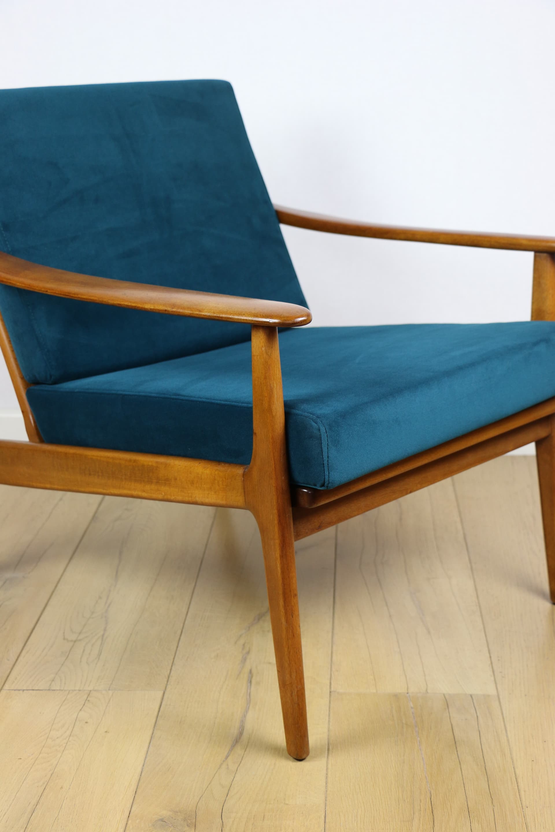 Armchair, sea green velvet, wood, Denmark, 1970s. - 227285