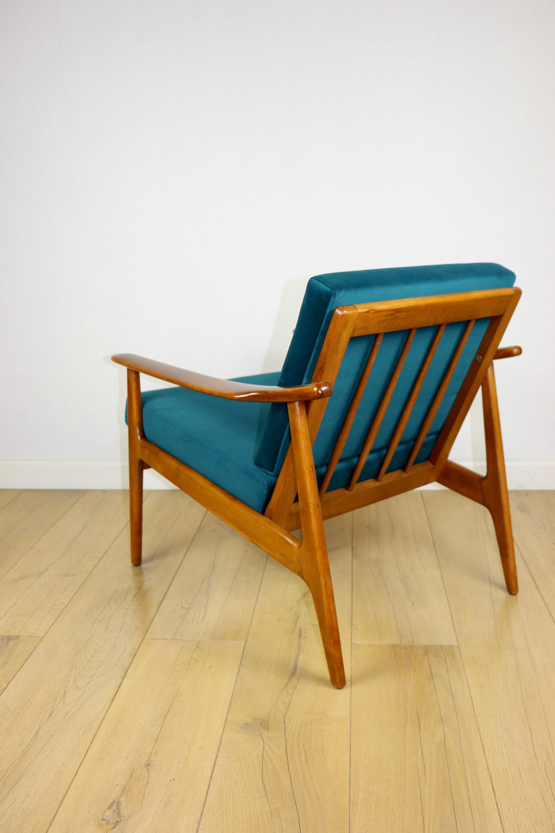 Armchair, sea green velvet, wood, Denmark, 1970s. - 227276